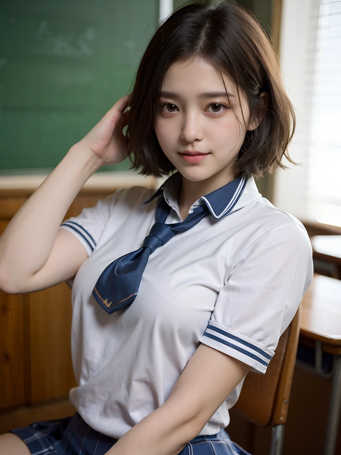 (school uniform:1.5), (photorealistic:1.4), (best quality:1.0), (ultra highres:1.0), 8k, RAW photo, (masterpiece:0.2), ultra-detailed, close short, 1girl, beautiful skin, detailed skin, looking at viewer, full body, (short hair:1), smile, (closed mouth:1)