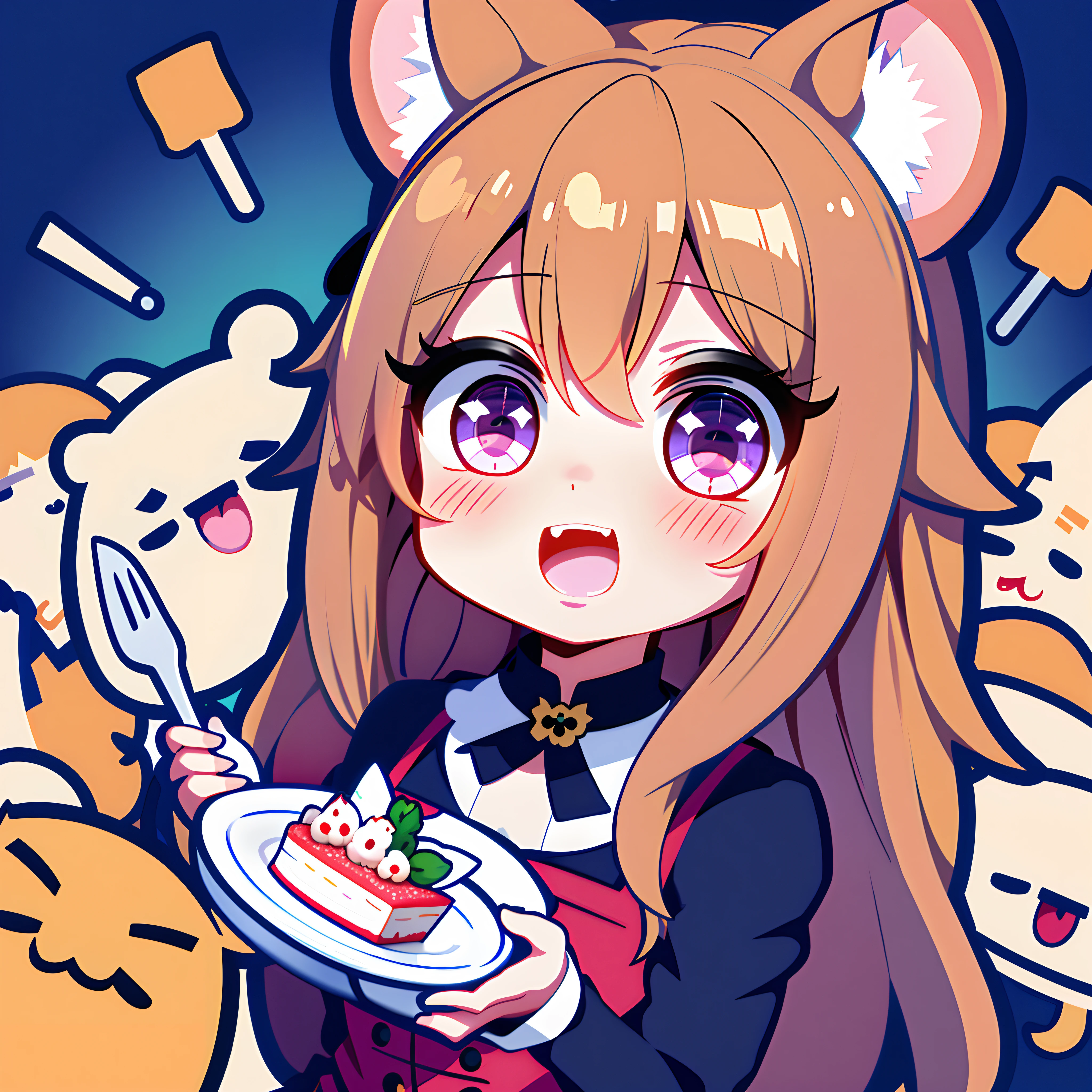 Anime girl holding a plate of food in front of a group of cats, anime moe art style, maplestory mouse, eating a cake, cute anime catgirl, Marin Kitagawa fanart, zerochan art, anime food, lovely art style, anime catgirl, author:Master of Han Chinese, Cute!! tchibi!!! cat woman, Pisif, ig studios anime style, anime cat