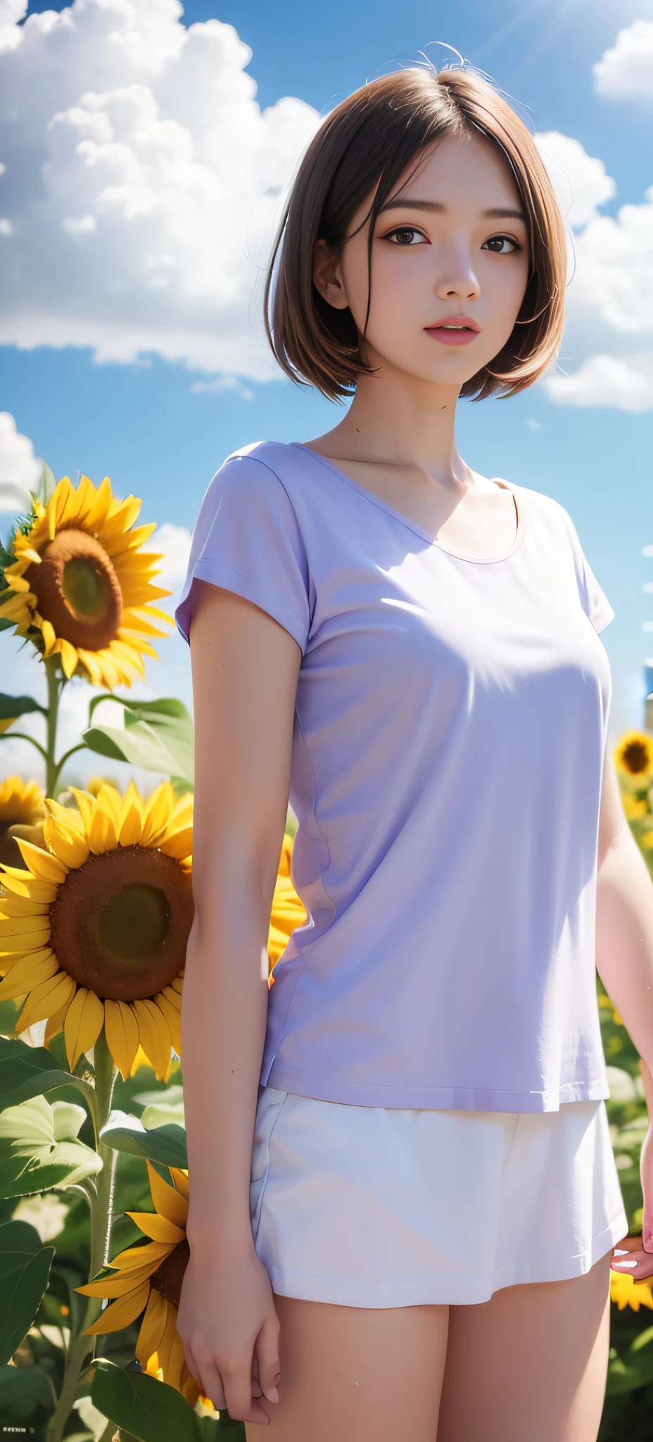 Pure girl，Lilac T-shirt，ssmile，Sea of sunflower flowers，with blue sky and white clouds，higher details，Ambiance Lighting，Cinematic level，full-body portraits，Light colors