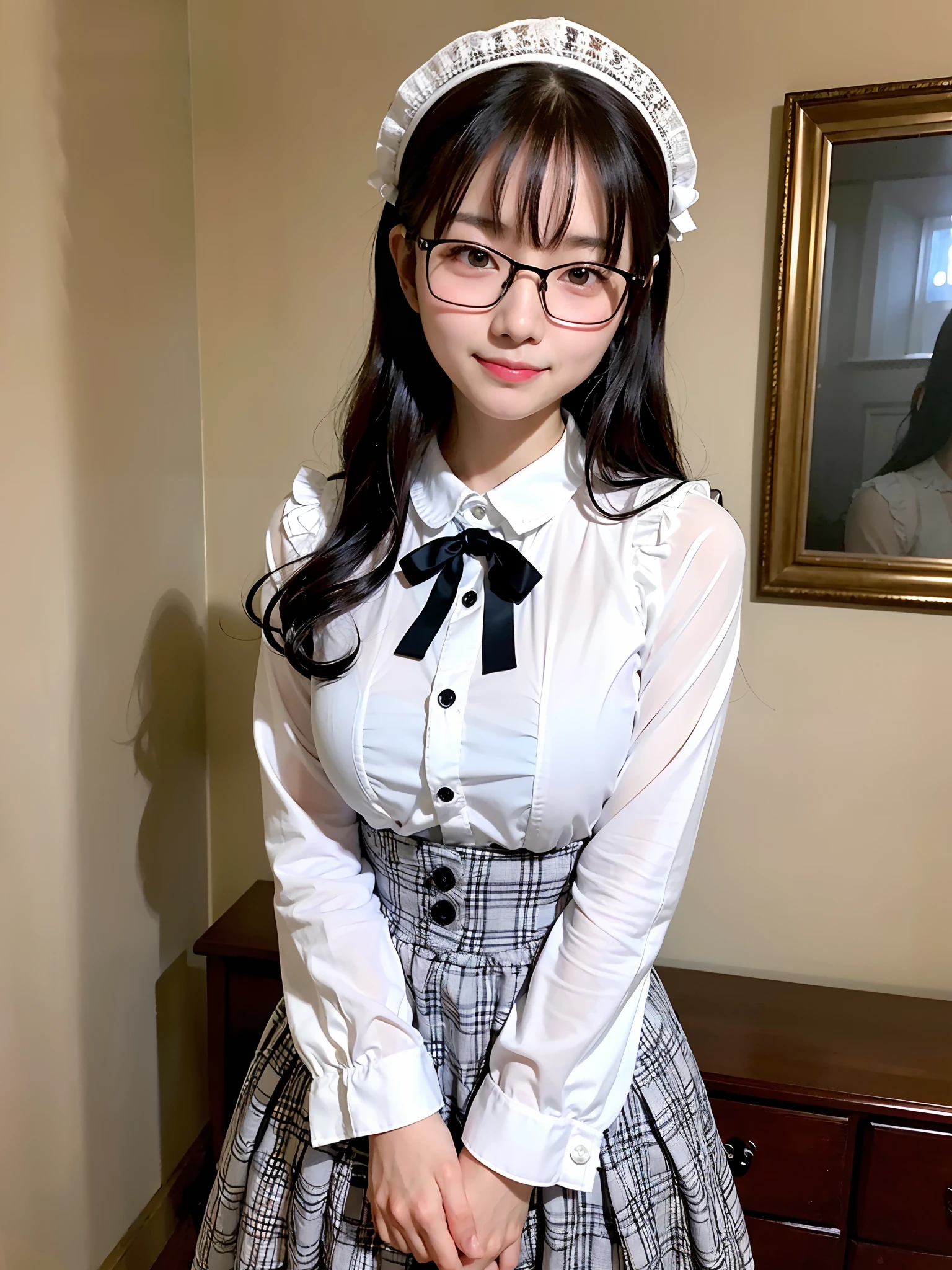 (top-quality、masterpiece)、(((embarrassing smile)))、ta Fashion、eye glasses、((Be undress))、8K、女の子 、Underhair、livingroom、First time shooting、be shy、looking at viewert、hair wavy