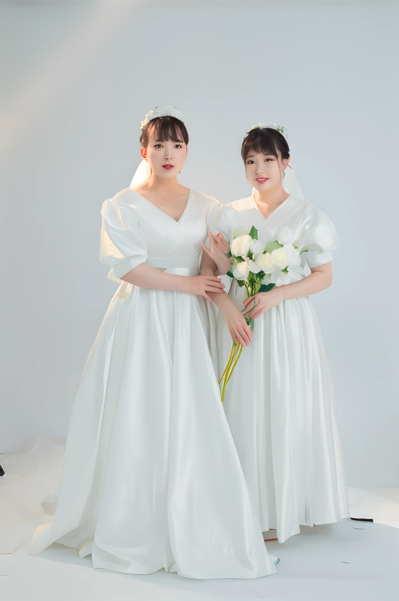They are a photo of two women in white dresses posing for flowers, height of 165cm, 155 cm tall, product introduction photos, White Hanfu, twins, in white room, with a twin, Milky white skin, fundamental, in front of white back drop, bbwchan, catalogue photo, Two girls, product introduction photos