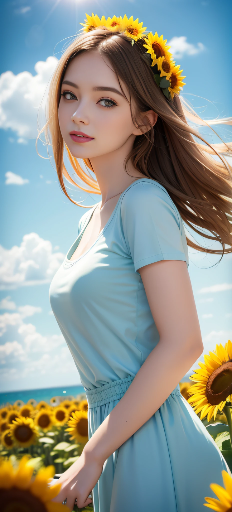 Pure girl，Pale green T-shirt，ssmile，Sea of sunflower flowers，with blue sky and white clouds，higher details，Ambiance Lighting，Cinematic level，full-body portraits，Light colors