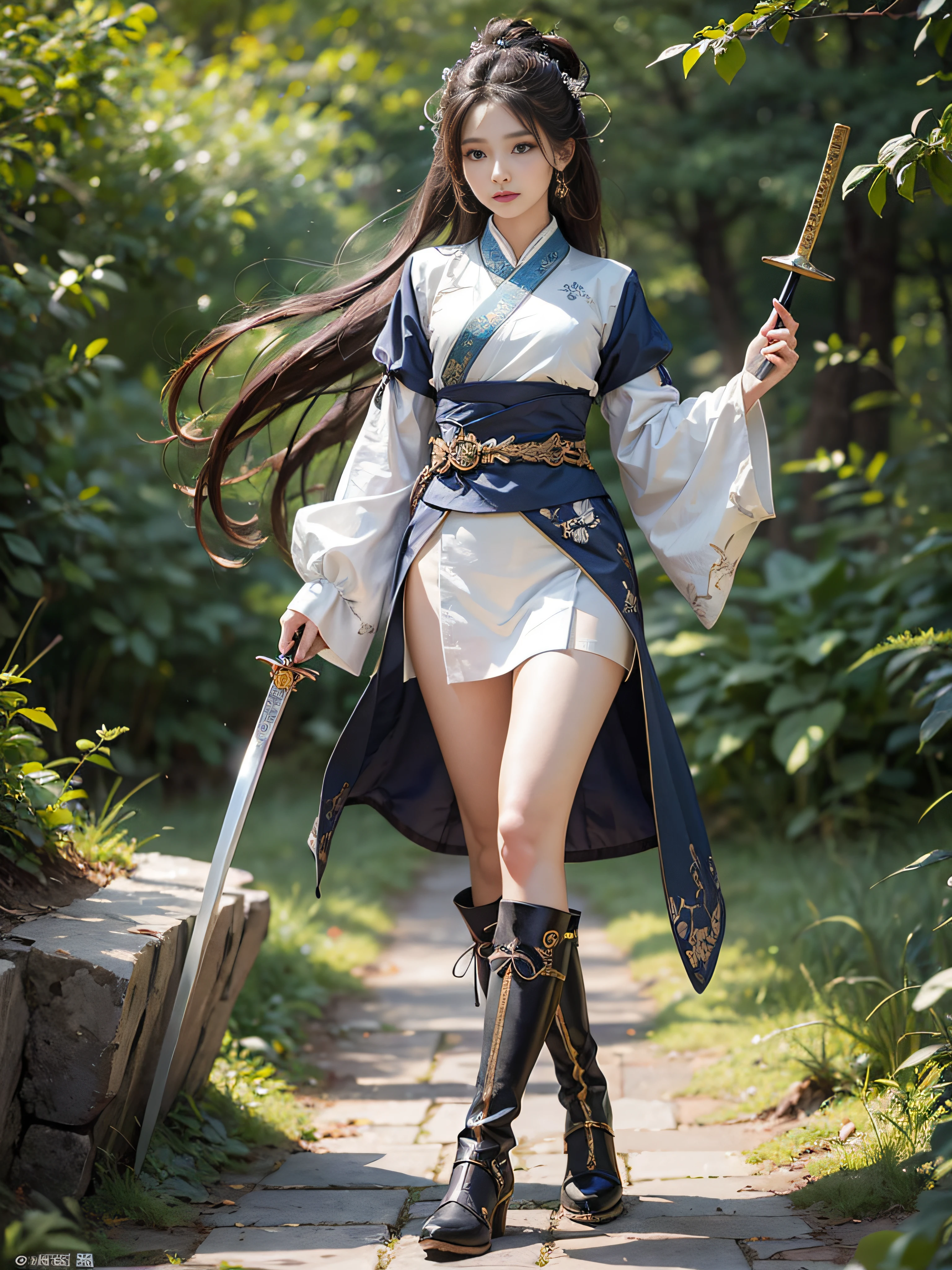 Royal sister,swordsmen,Big sister type,Oriental women,gallant woman,Cold sass,Different styles,tmasterpiece,A high resolution,,Absolutely beautiful,,(Wide buttock:1.4),(Thick legs:1.4),are standing,exquisitedetails,A high resolution,Wallpapers,1female,独奏,,enchanted、Raised sexy, Rich expressions,ancient wind,Hanfu,,is wearing a shorts,Wear boots,Over-the-knee white stockings exposed,embroidery, natural poses,standing on your feet, Fanning,16K,HDR,A high resolution,depth of fields,Bocoon,prime time,Vignette,rainbowing