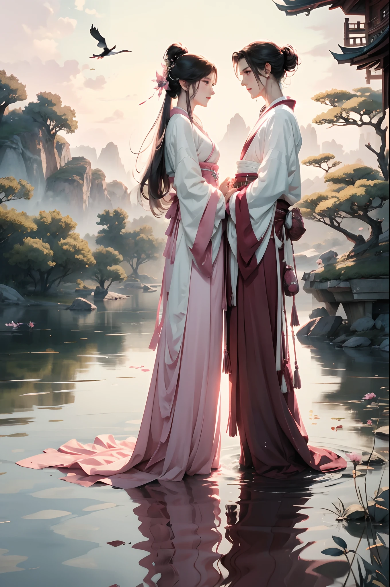 aquarelle,A couple standing on the bridge,The barefoot,Hanfu,Chinese style clothes,Arched bridge,Husband and wife look at each other,beautiful anime scenes,Loves,Reflection on the surface of the water,magpie,In pink,delicated,HighestQuali,(tmasterpiece:1,2),best qualtiy,tmasterpiece,Original,extremelydetailedwallpaper,Perfect lighting,(extremaly detailed cg:1.2)