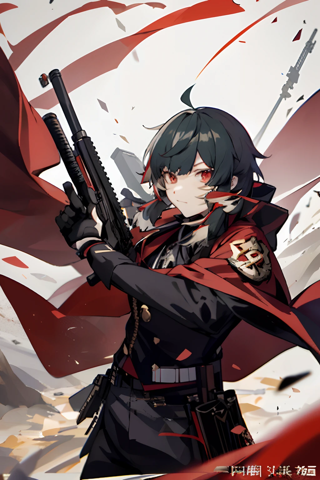 anime - style image of a man with a gun and a red cape, from girls frontline, keqing from genshin impact, key anime art, ayaka genshin impact, best anime 4k konachan wallpaper, fine details. girls frontline, badass anime 8 k, detailed key anime art, shigenori soejima illustration