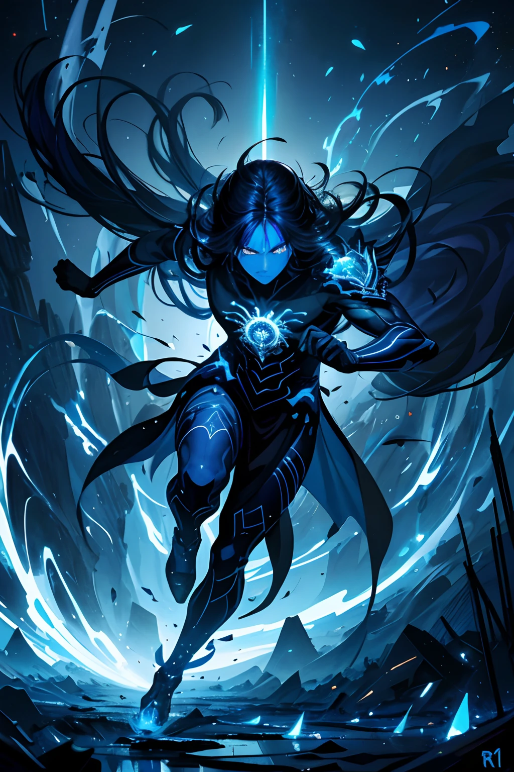 masutepiece, Best Quality, 超A high resolution, Beautiful, visually stunning, Elegant, ultra-detailliert,  Award Winning Painting, (dark art:1.2), deepshadow, (dark blue theme:1.2),  ( R1GE:1.5), blazing, aura, energy, Pillar of Light, flying debris, [Serious|angry], Floating hair, (1dog_man), muscular,