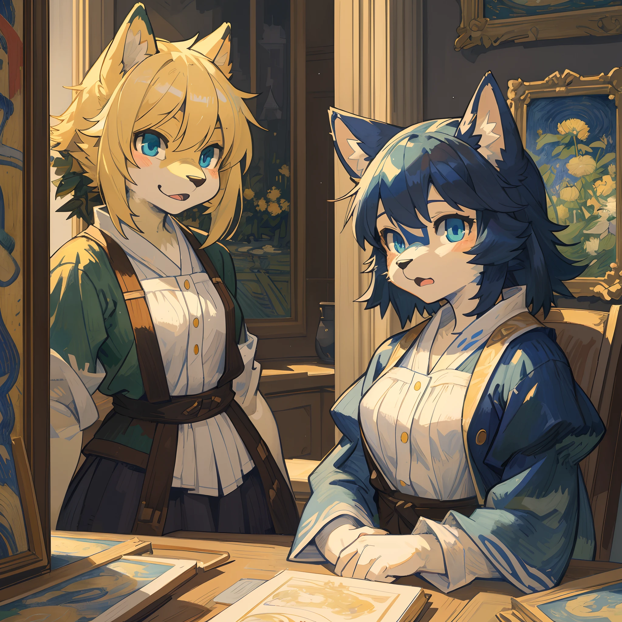 top quality, best quality, High-quality illustrations, masterpiece, super high resolution, detailed background, The World of Van Gogh's Paintings, 6+boys, 6+girls, absurdres(highly detailed beautiful face and eyes)perfect anatomy, expression, good lighting, cinematic shadow(kemono, furry anthro)assorted poses, dynamic angle,