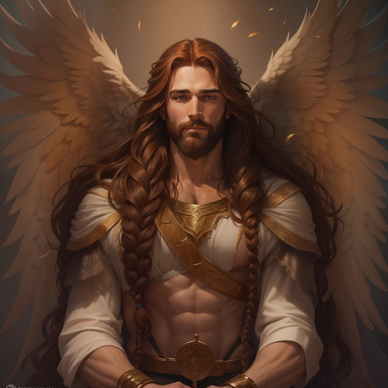 He is an Archangel. He has very long auburn hair that reaches the middle of his back, adorned with a few braids and decorated with feathers. He is extremely tall with a beard and dark brown eyes. He is known as a gentle giant. He is wearing panties and bra.