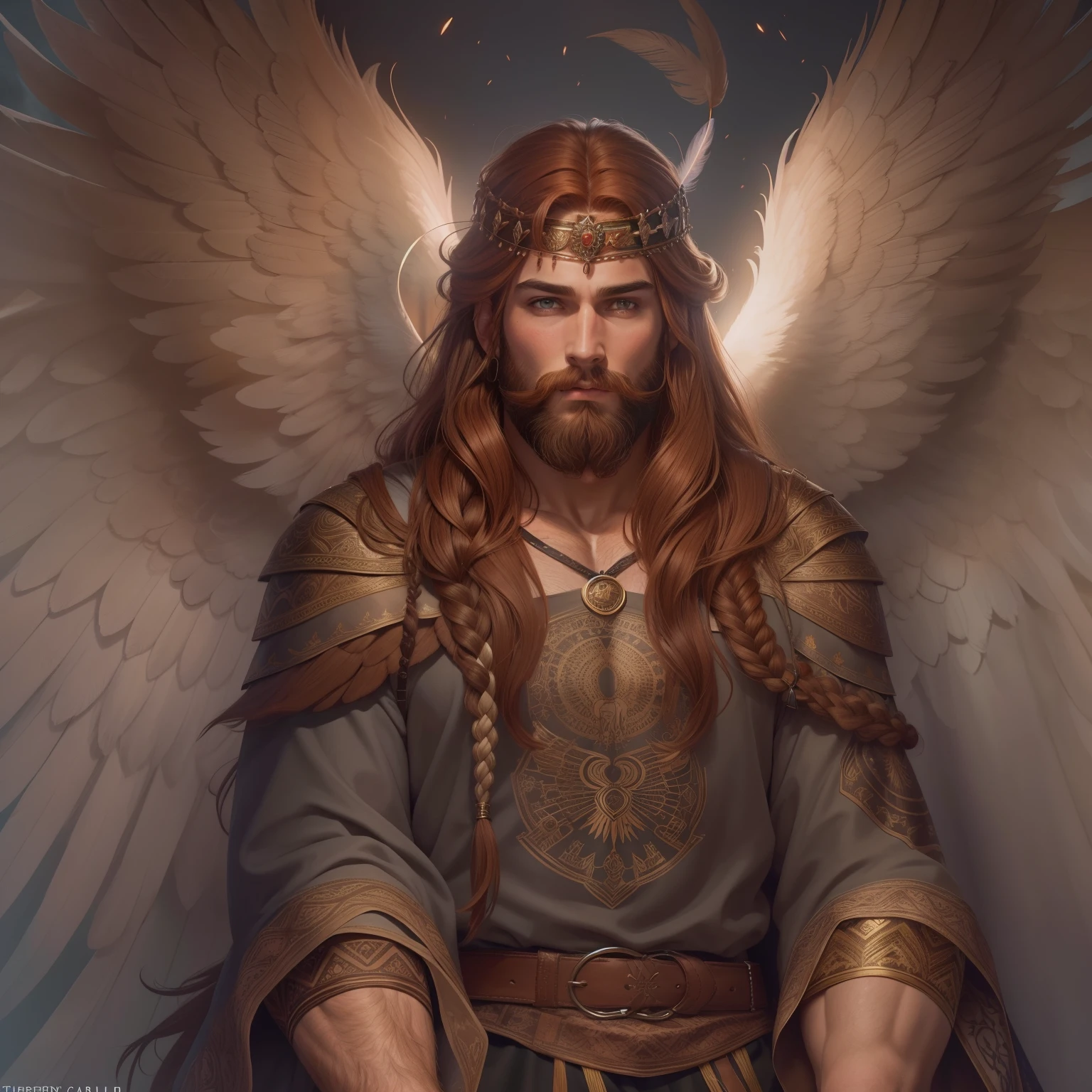 He is an Archangel. He has very long auburn hair that reaches the middle of his back, adorned with a few braids and decorated with feathers. He is extremely tall with a beard and dark brown eyes. He is known as a gentle giant. He is wearing panties and bra.