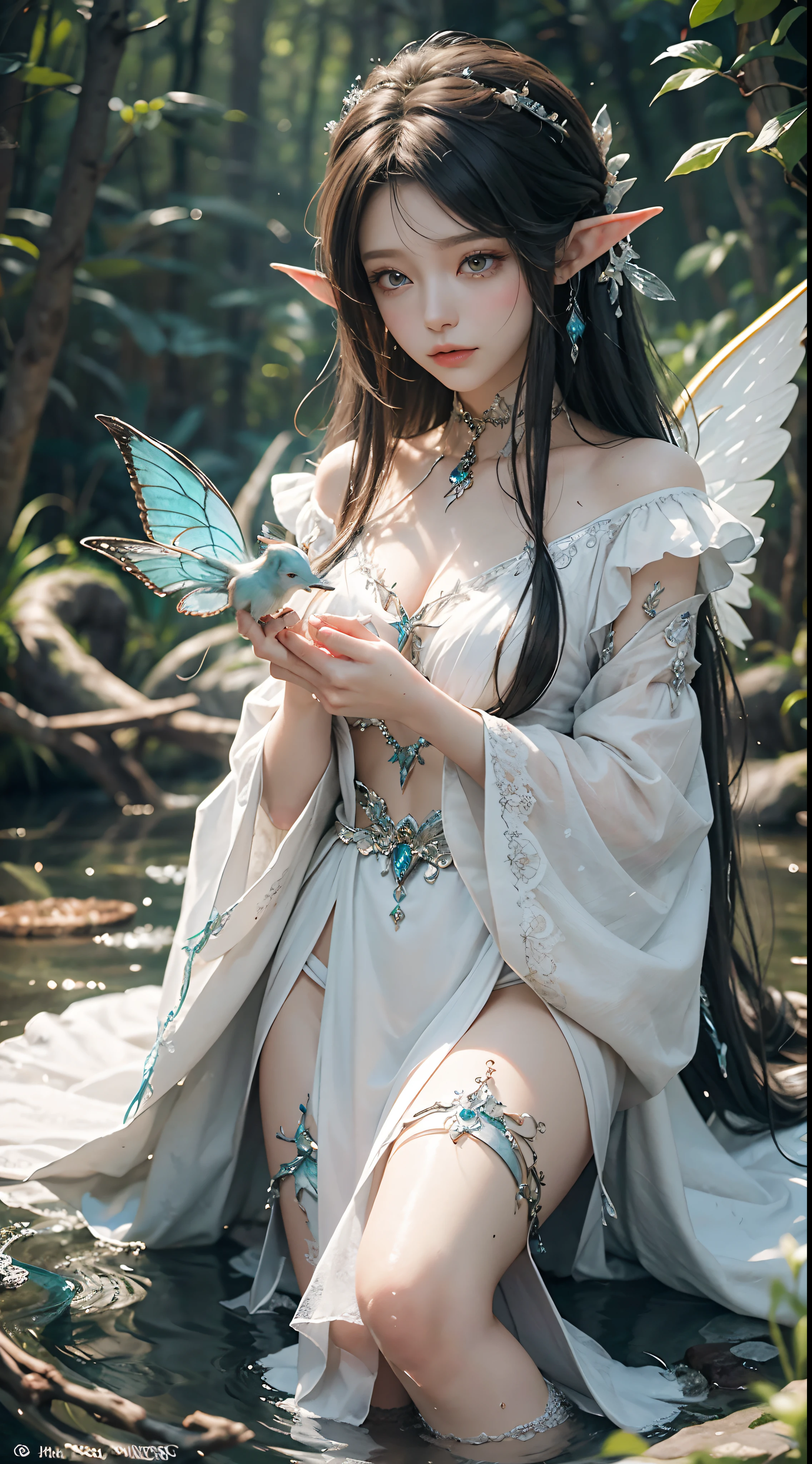 tmasterpiece,top-quality,orthofacial,Dressed in white,White angel wings,Elves flutter in the air,An ancient and mysterious palace,Fantastic white,A sense of fatalism,best qualtiy,Main layout,Light lighting,Ishimaru,the elf,Gauze sleeves,water fairy,closeup fantasy with water magic,Pixie in hand,Hand cast spells,Ethereal fantasy,fairy aesthetics,astral fairy,Beautiful Elf Queen,ethereal fairytale,fantasy aesthetic!,Fairy tale core,anime cosplaying,EtherealBeauty,Fantasy art style,Anime girl role play,Ethereal fantasy,Beautiful fairy in white