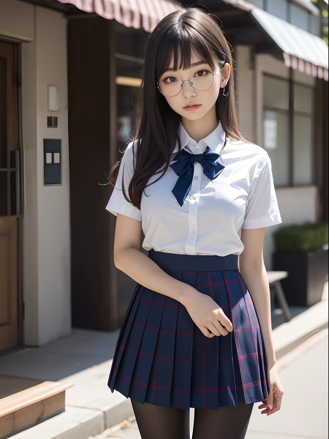 (8K、Raw photography、top-quality、masterpiece:1.2),Lori,cocky,School,watching at viewers,Looking at the front,bob cuts,Bullish,Muchimuchi,Erotic,Pupils,Light Blue Bra,de pele branca,kne,(Black pantyhose),absurderes,a small face,small tits,flat breast,Parting the bangs from the middle、Forehead visible,(a cold expression,Tight eyes,glares,Bullish,skinny,Rasping,irate)、masterpiece,top-quality、超A high resolution,Raw photo,ren,Beautiful fece,One Person, 独奏,eye glass,,Dark look,Small breasts,fullllbody,Round glasses、cute little、Back to Student,JK school uniform,hi-school girl,A Japanese Lady,is standing,(Photorealsitic:1.37)、Photon mapping,Realistic、Cute little face,Brown-eyed、Black socks、(Red bow tie)、Radio City、Physically Based Rendering、Foreground、depth of fields、Blurry background、a picture,The girls、Body,beauty legs, Long legs, Thin leg,Tie your hair into one strand on your chest,(Bangs are visible), hair, s lips, Blue_The eye, nosesoft,(Light blue shirt), (Navy and blue and white plaid pleated skirt), Knees are visible,Sheer clothing,, Thigh, Black cotton socks,Nogizaka Idol, 女優, Japanese ido