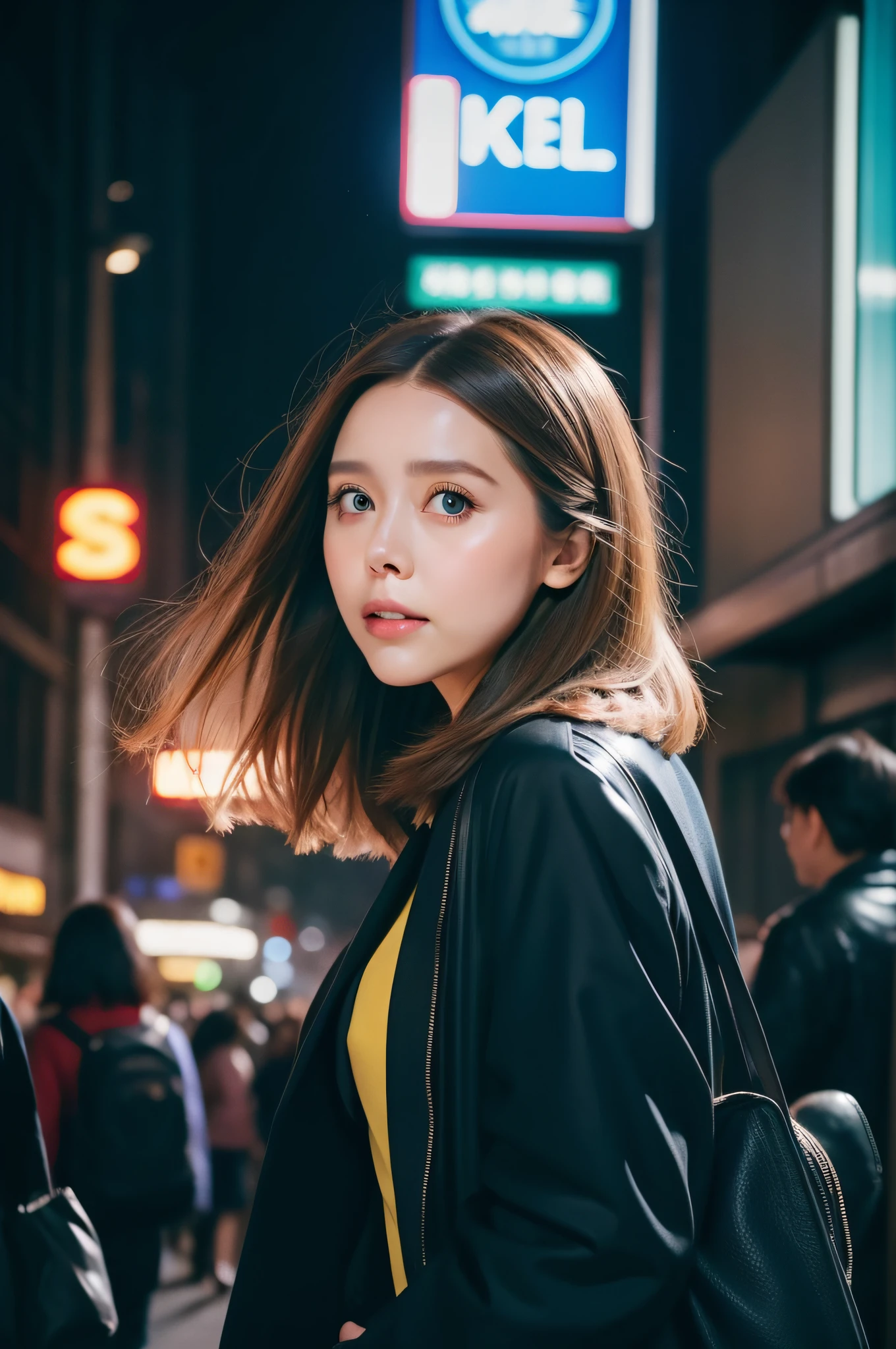 elizabeth olsen using vintage suit 1970, crossing on shibuya street, bring leather suitcase, vintage hairstyle, super realistic, ultra realistic, hyper realistic, cyberpunk background, wide angle, green yellow and blue ambience, shibuya crossing in japan, warm tones, cyberpunk tone, realistic eyes, realistic face, realistic lips, realistic nose and teeth, realistic lighting, perfect exposure, people walking and blur behind the girl