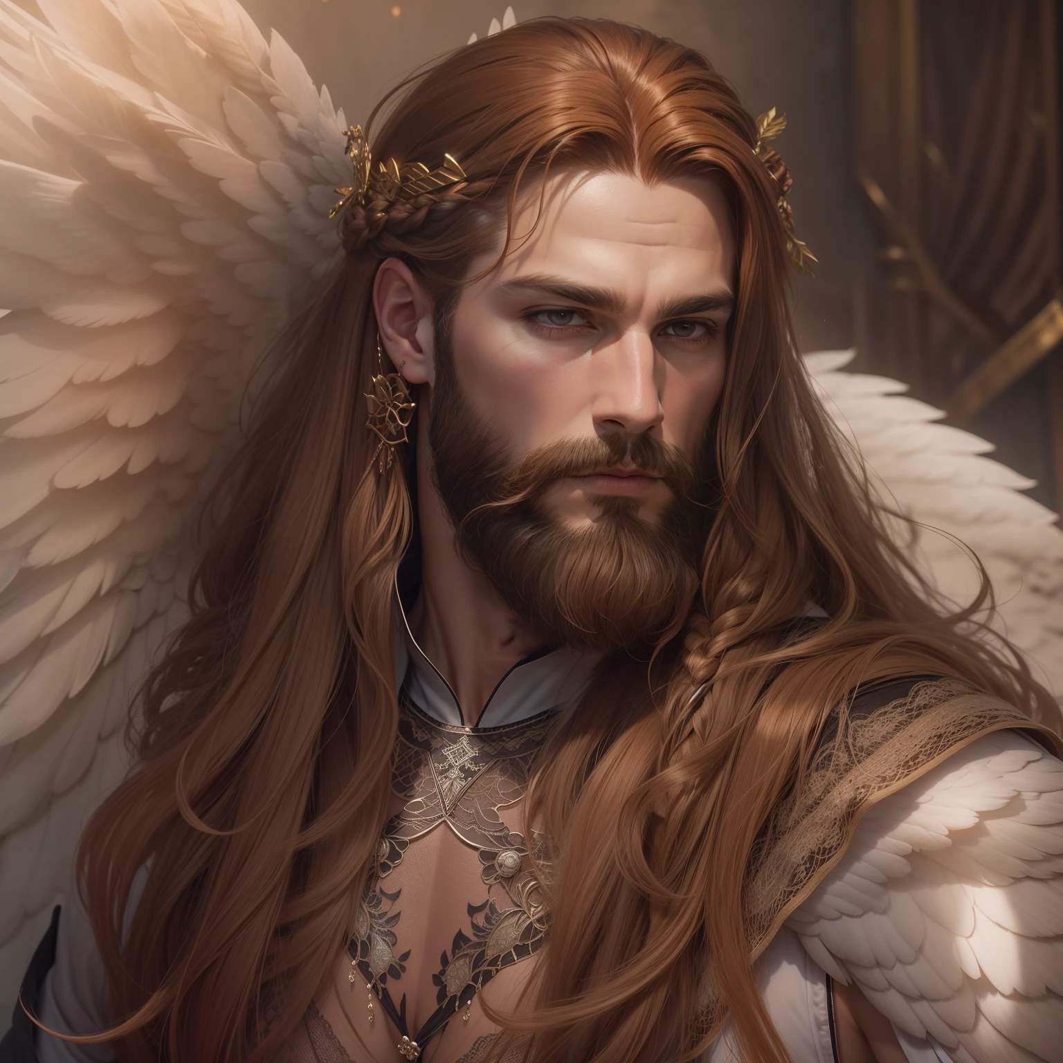 He is an Archangel. He has very long auburn hair that reaches the middle of his back, adorned with a few braids and decorated with feathers. He is extremely tall with a beard and dark brown eyes. He is known as a gentle giant. Wearing Lingerie