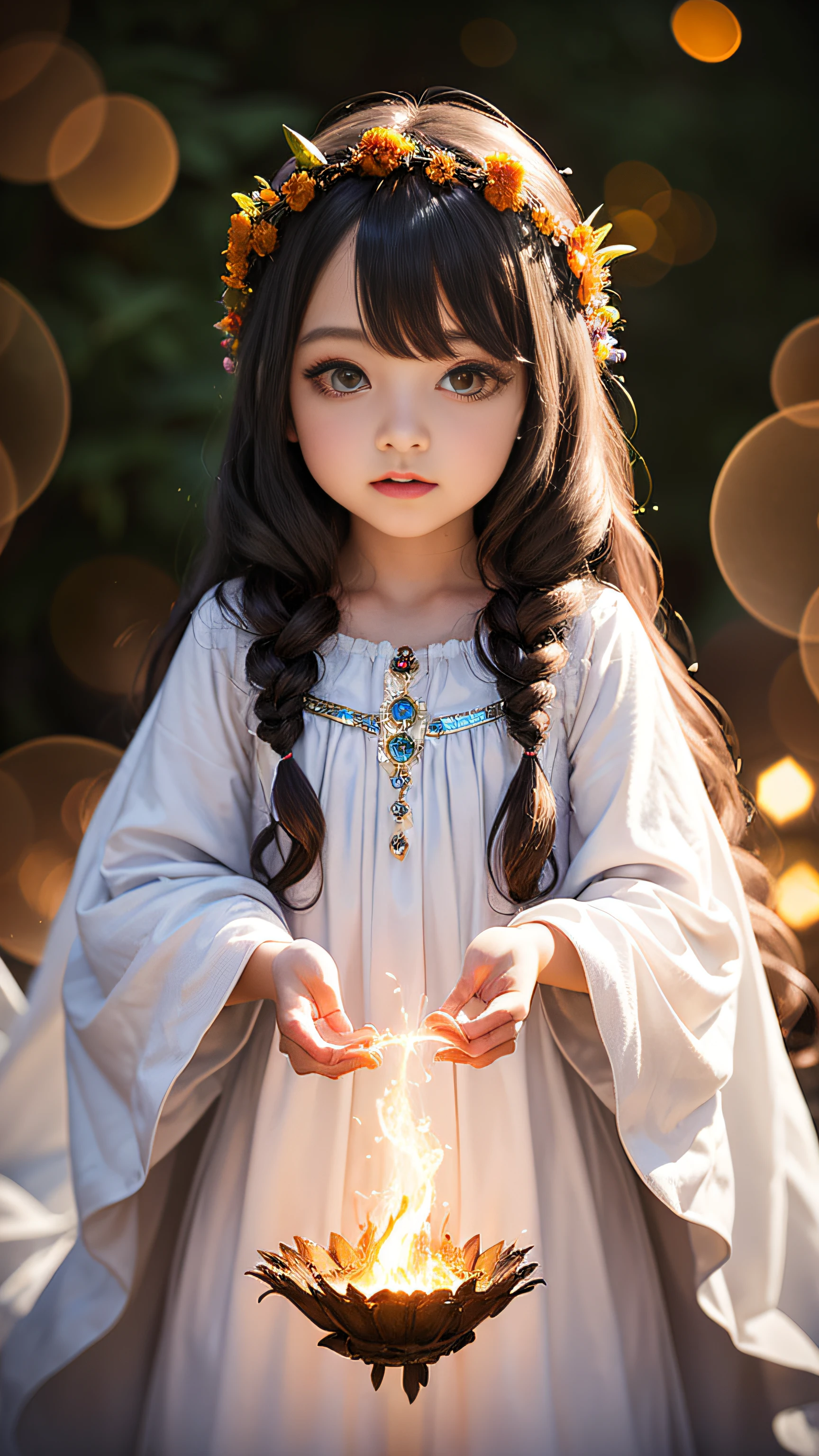 Super beautiful shining big eyes、((1little girl))、a sorceress、magia、Wearing a long dress made of light、magical forest、A flowing、(((firey))magia)、Tight magician's clothes、Magic clothes、(((Flowing hairstyle)))、(((radiant eyes)))、Wearing a cloak、((bokeh dof))、depth of fields、