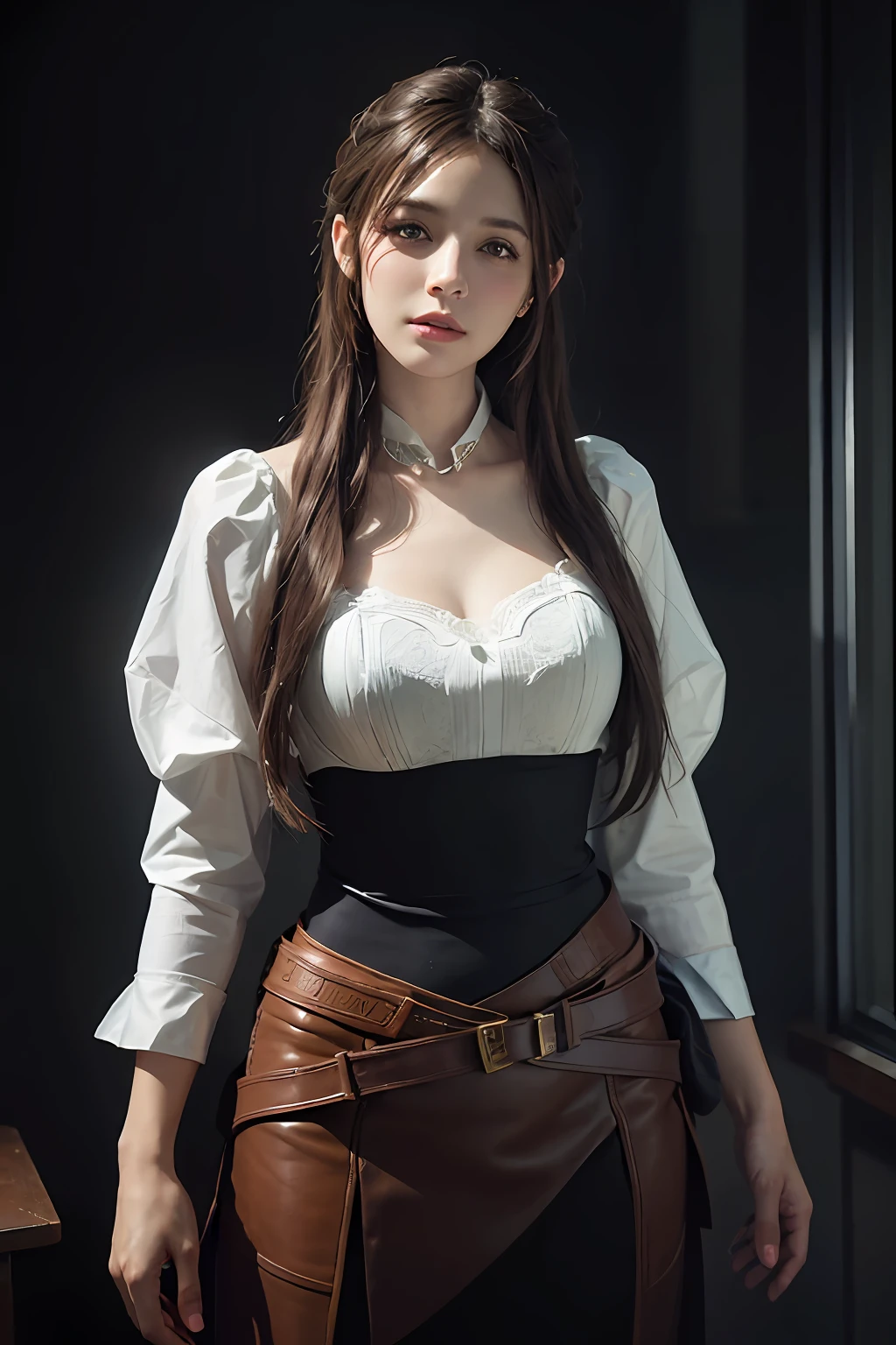 Hyperrealist portrait of female by david hockney and alphonse mucha,fantasy art, photo realistic, dynamic lighting, artstation, poster, volumetric lighting, very detailed faces, 4 k, award winning,, 1girl, in the dark, deep shadow, low key,cowboy shot,(official clothing:1.4) ,long hair,white hair,