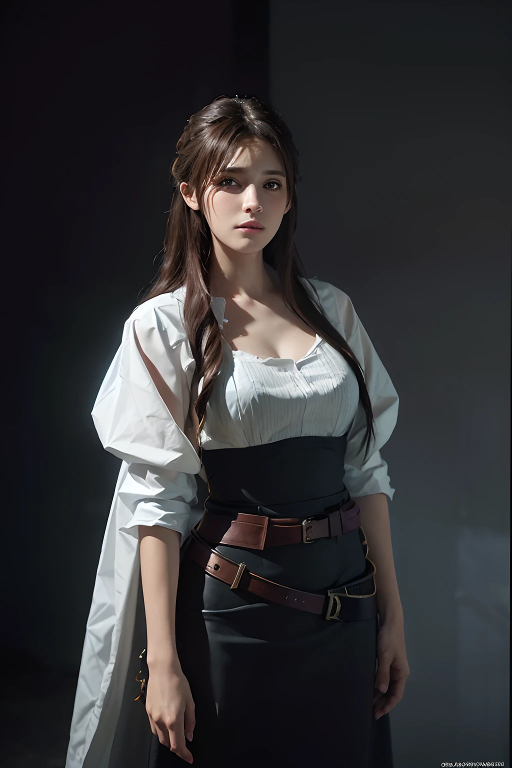 Hyperrealist portrait of female by david hockney and alphonse mucha,fantasy art, photo realistic, dynamic lighting, artstation, poster, volumetric lighting, very detailed faces, 4 k, award winning,, 1girl, in the dark, deep shadow, low key,cowboy shot,(official clothing:1.4) ,long hair,white hair,
