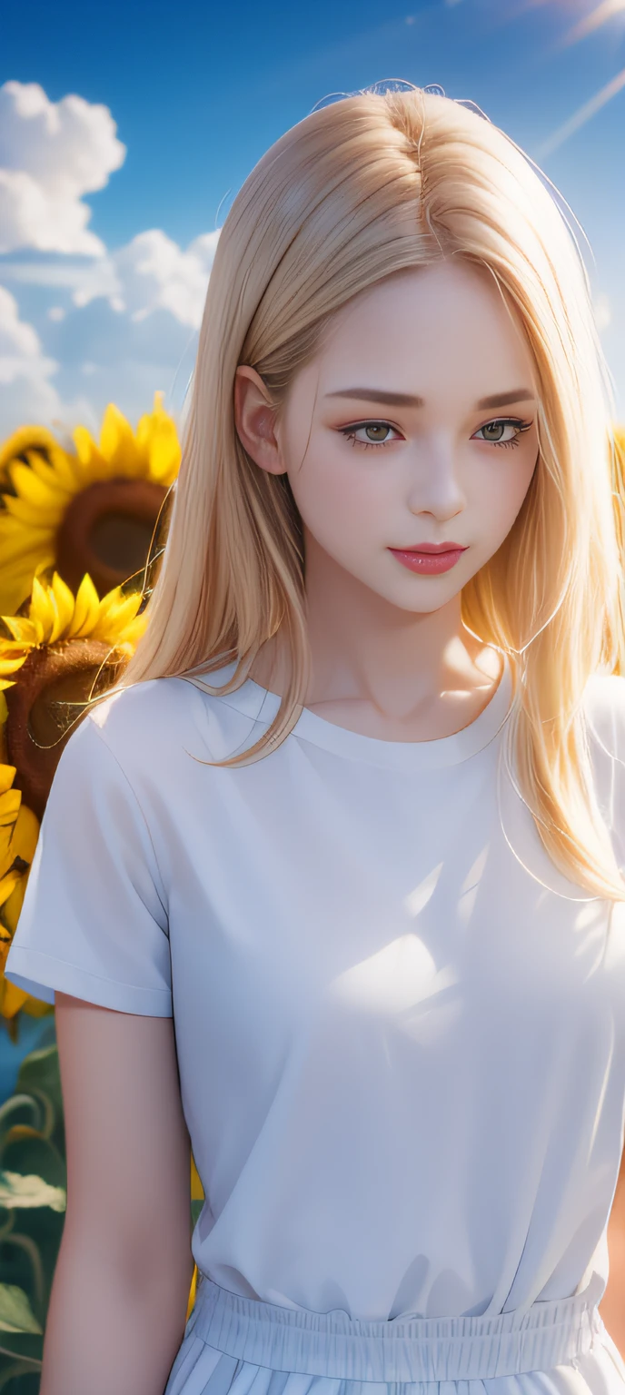 Pure girl,White T-shirt,ssmile,Sea of sunflower flowers,with blue sky and white clouds,higher details,Ambiance Lighting,Cinematic level,full-body portraits,Light colors