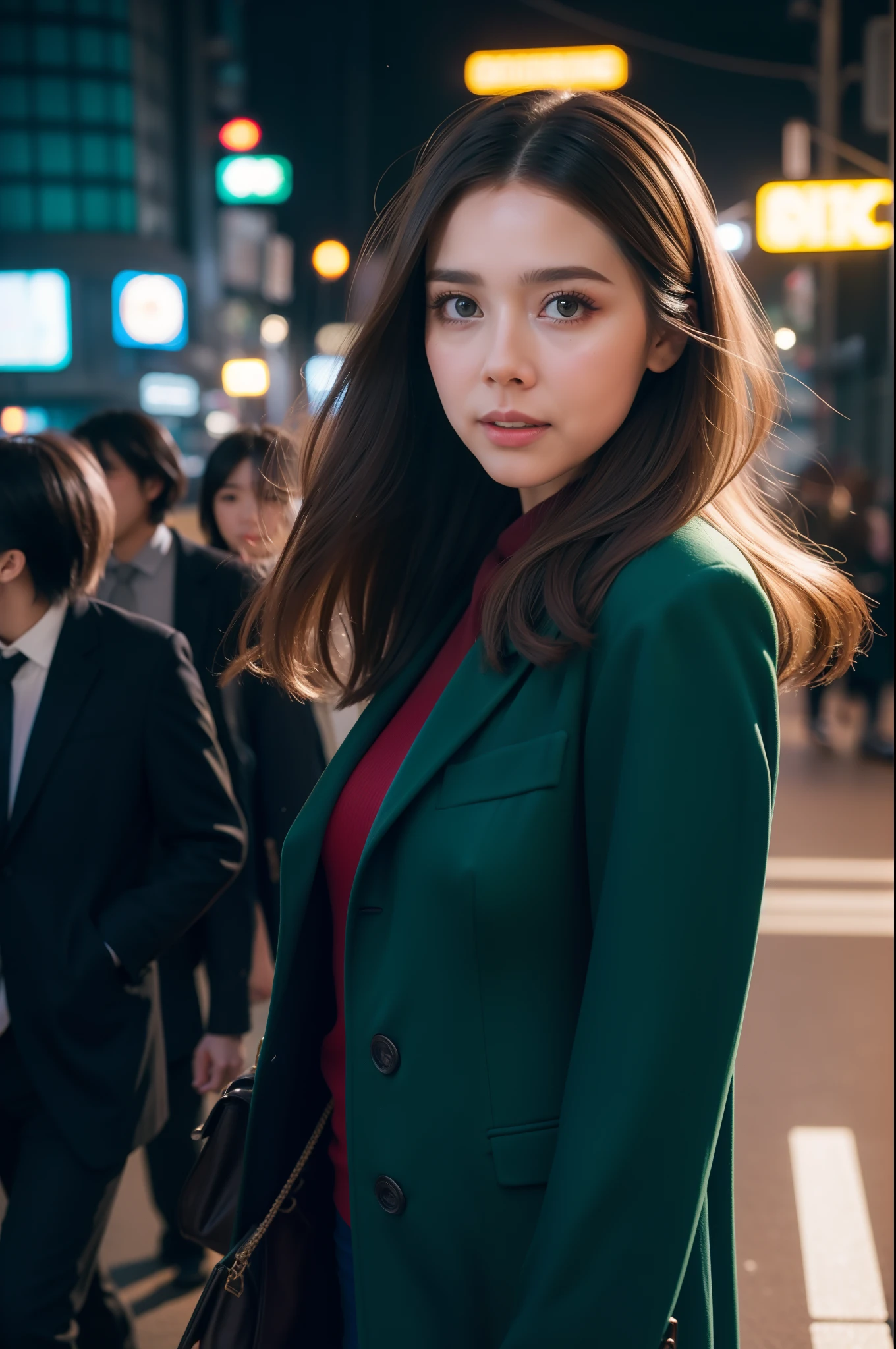 elizabeth olsen using vintage suit 1970, crossing on shibuya street, bring leather suitcase, vintage hairstyle, super realistic, ultra realistic, hyper realistic, cyberpunk background, wide angle, green yellow and blue ambience, shibuya crossing in japan, warm tones, cyberpunk tone, realistic eyes, realistic face, realistic lips, realistic nose and teeth, realistic lighting, perfect exposure, people walking and blur behind the girl