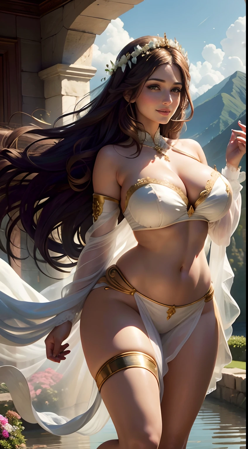 Lucy Pinder as a fairy, floating in mid air, beside a palace, large breasts, wide hips, flowers in hand, dark brown long hair, beautiful, one hand raised, wearing a white silk strapless bra and a transparent full sarees, wearing heavy gold ornaments, big smile, full body, mountains in background,  full light on face, photorealistic, High resolution