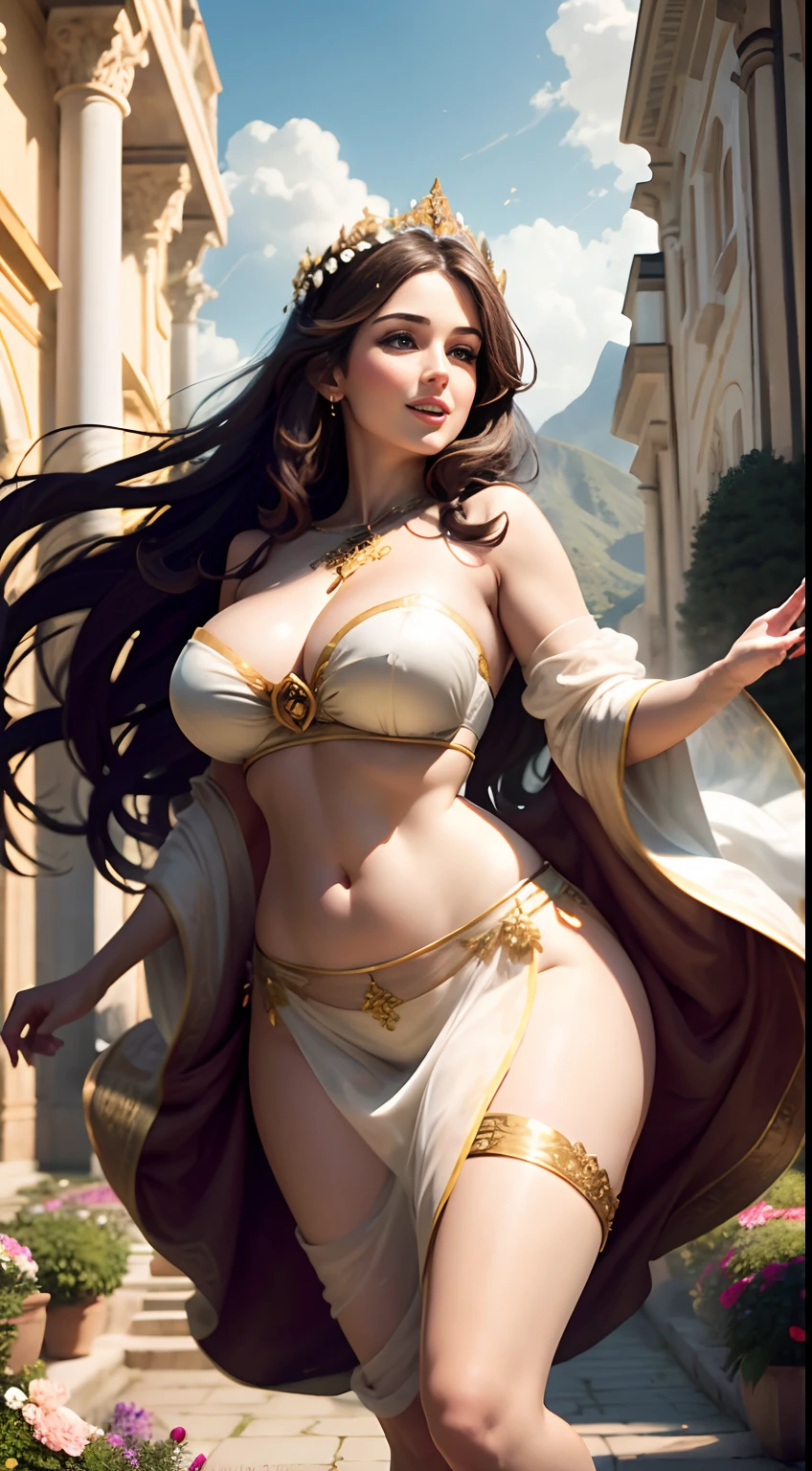 Lucy Pinder as a fairy, floating in mid air, beside a palace, large breasts, wide hips, flowers in hand, dark brown long hair, beautiful, one hand raised, wearing a white silk strapless bra and a transparent full sarees, wearing heavy gold ornaments, big smile, full body, mountains in background,  full light on face, photorealistic, High resolution