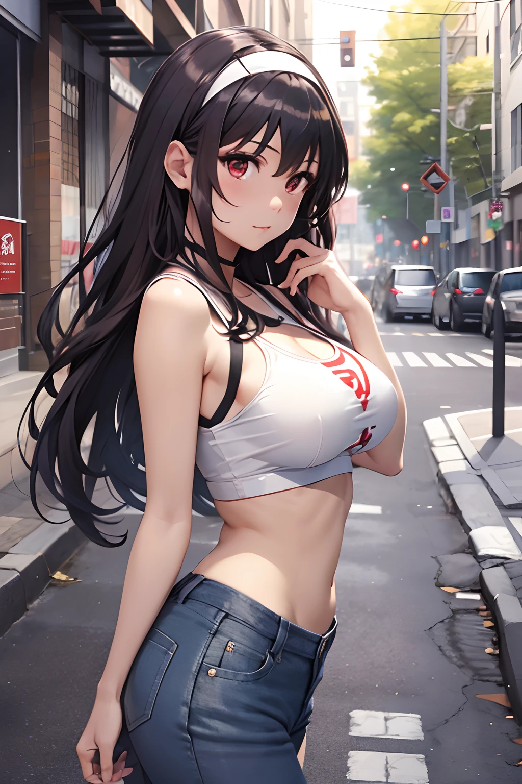 masterpiece, best quality, highres, kasumigaoka utaha, 1girl, long hair, black hair, hairband, red eyes, long legs, breasts, bangs, large breasts, crop top, jean, denim, street, outdoors