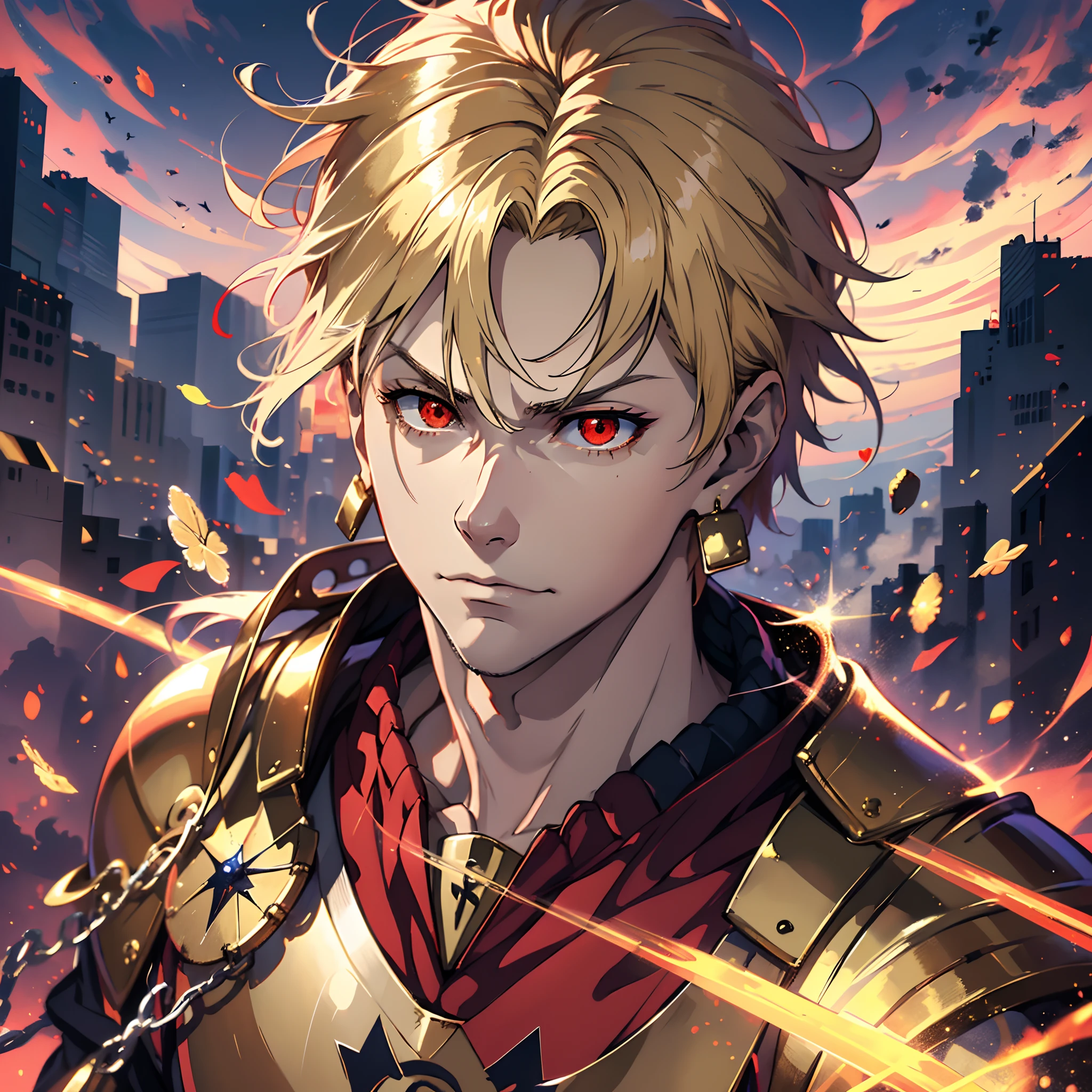 (absurdres, highres, ultra detailed),(Masterpiece, best quality:1.2),1man, Gilgamesh,Fate zero, extremely detailed eyes,Red eye colour,gold hair colour,short hair, wearing gold armour,king of heaven, surrounded by swords, absolutely stunning art, extremely detailed, wallpaper 4k,
