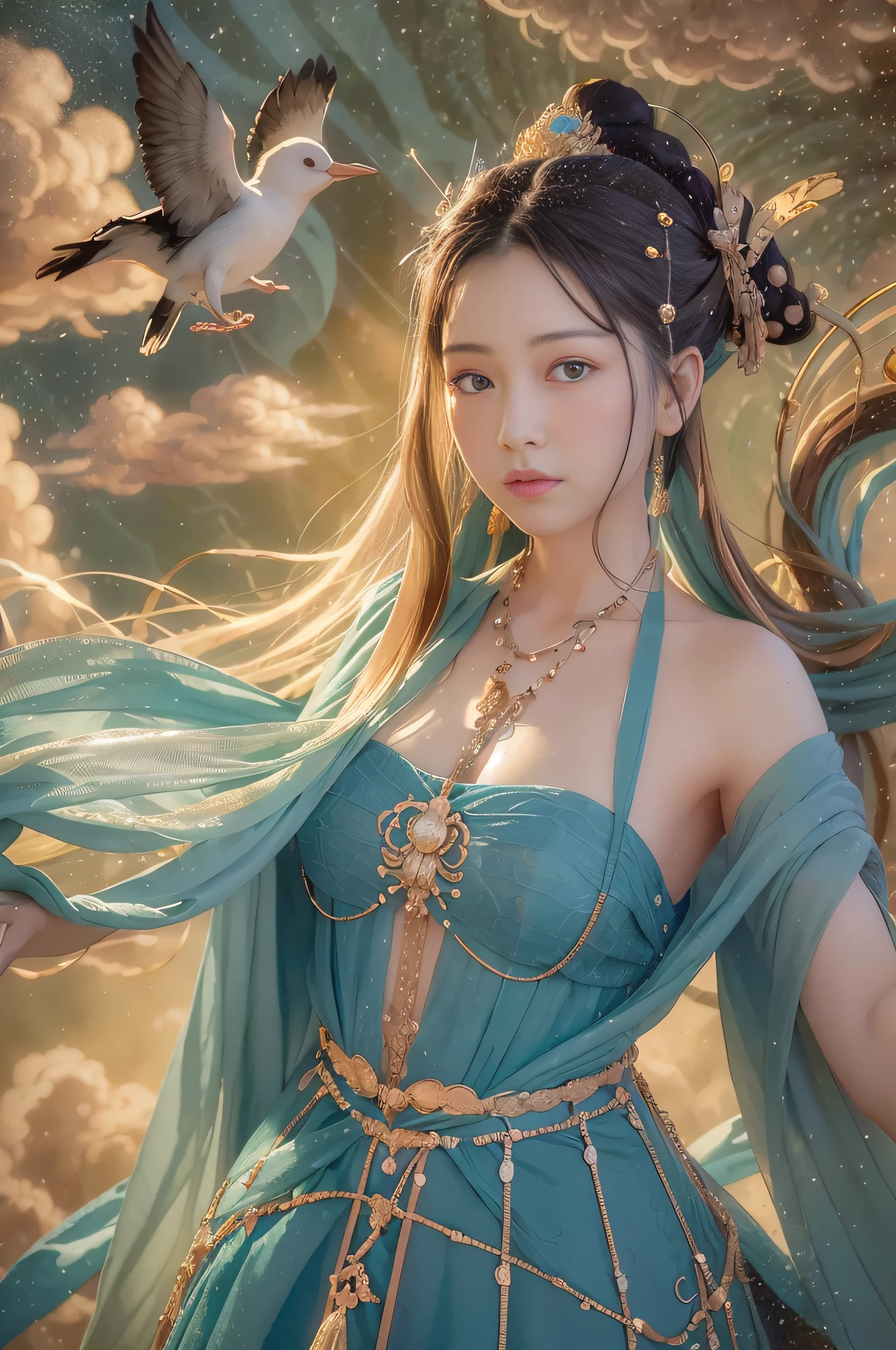 (8K, RAW photo, Best quality, tmasterpiece:1.2), (Realistic, photo-realistic:1.4), (Extremely detailed CG unifies 8K, 8K, Diamond, and Wallpaper), ，1 girl solo, Dance, dunhuang_dress, dunhuang_Style, dunhuang_Background,Flight flyers arrive，Wearing a royal blue robe，Bounce the lute，It's like dancing in the clouds， Surrounded by a sea of clouds and birds，It's a fantastic wonderland，Clouds are meticulously outlined in the frescoes，Layer by layer，It was as if there were clouds fluttering；And those birds，Soar above the sea of clouds，Looks natural，Very energetic