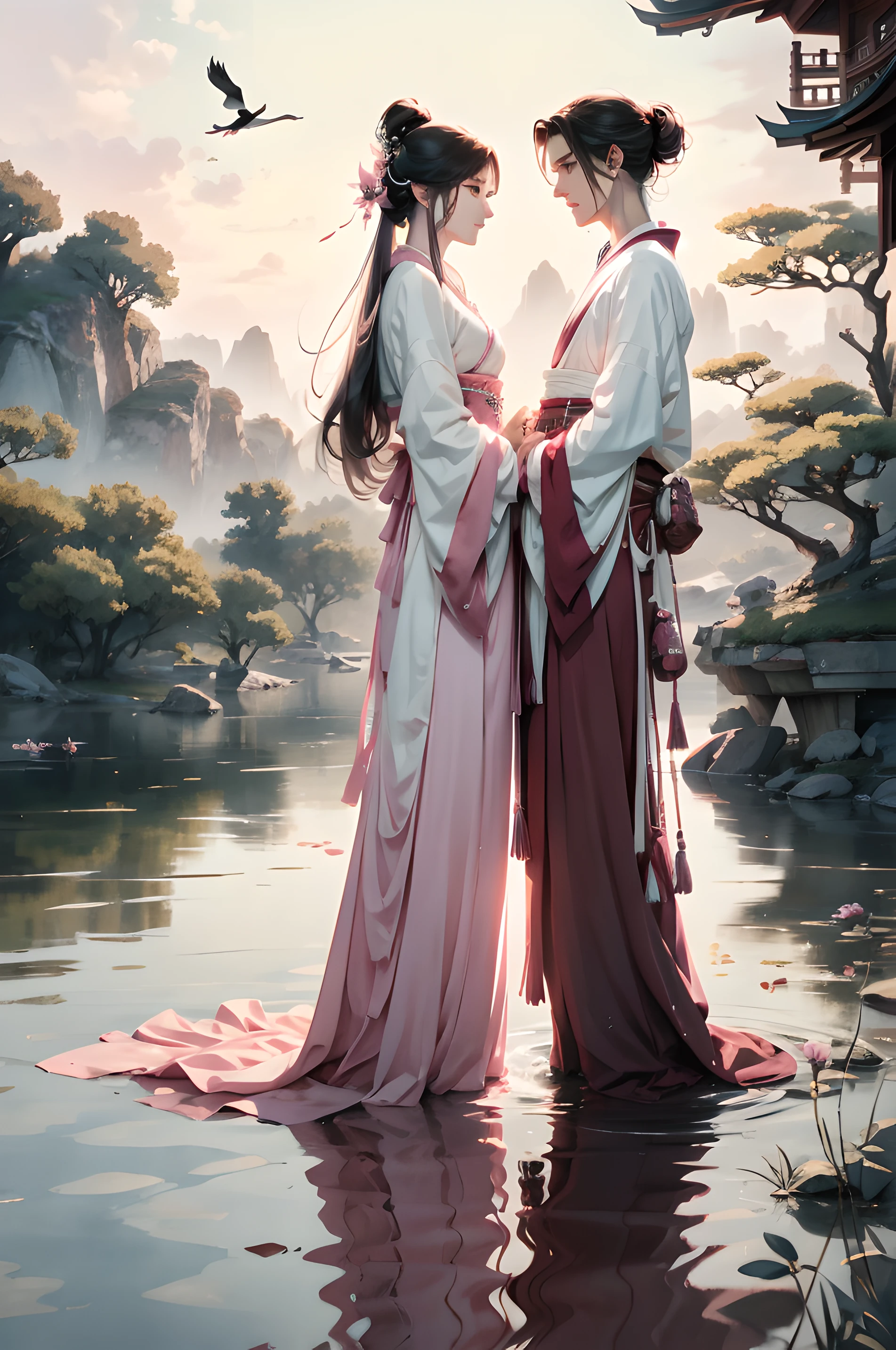 aquarelle,A couple standing on the bridge,The barefoot,Hanfu,Chinese style clothes,Arched bridge,Husband and wife look at each other,beautiful anime scenes,Loves,Reflection on the surface of the water,magpie,In pink,delicated,HighestQuali,(tmasterpiece:1,2),best qualtiy,tmasterpiece,Original,extremelydetailedwallpaper,Perfect lighting,(extremaly detailed cg:1.2)