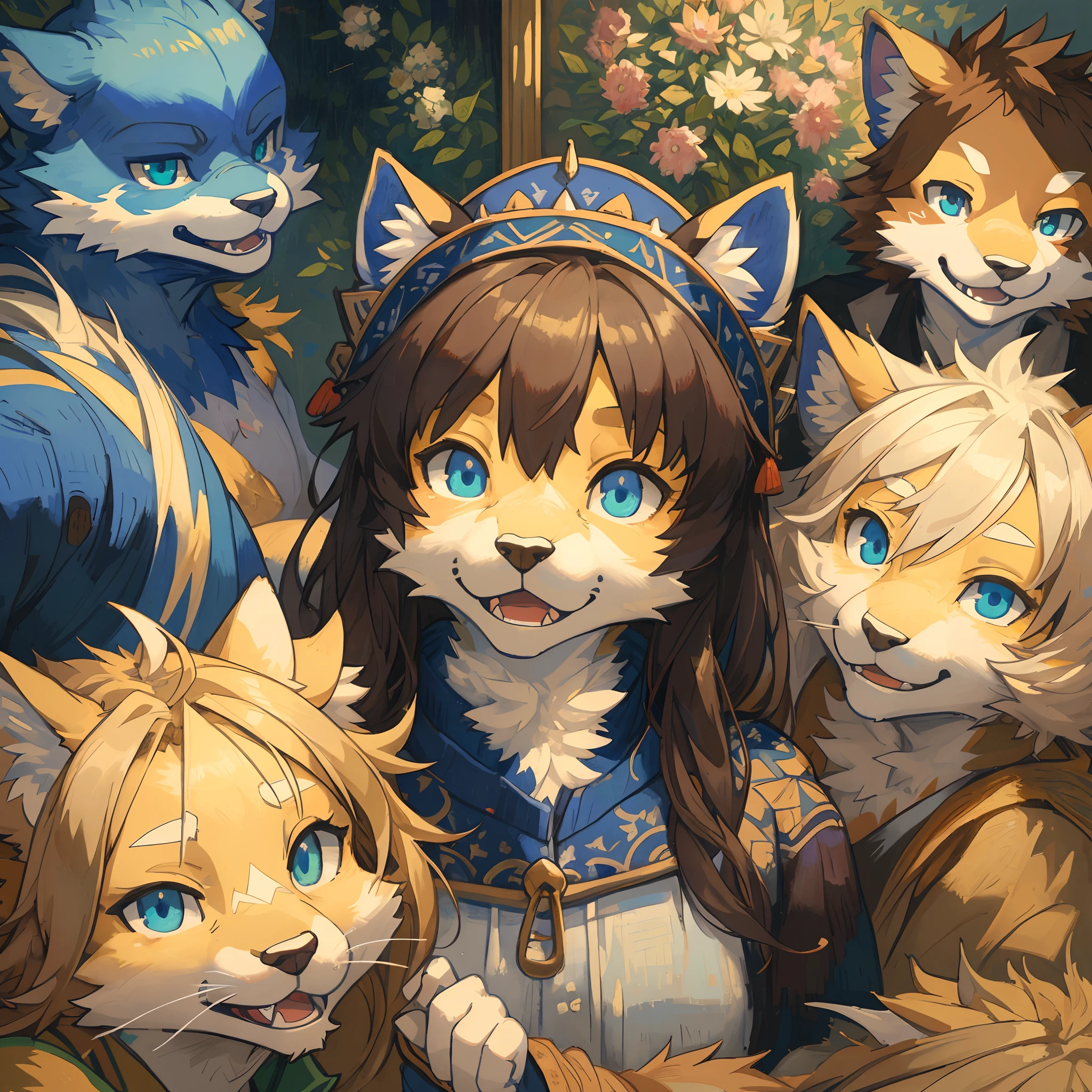 top quality, best quality, High-quality illustrations, masterpiece, super high resolution, detailed background, The World of Van Gogh's Paintings, an oil painting,  6+boys, 6+girls, absurdres(highly detailed beautiful face and eyes)perfect anatomy, expression, good lighting, cinematic shadow(kemono, furry anthro)assorted poses, dynamic angle,