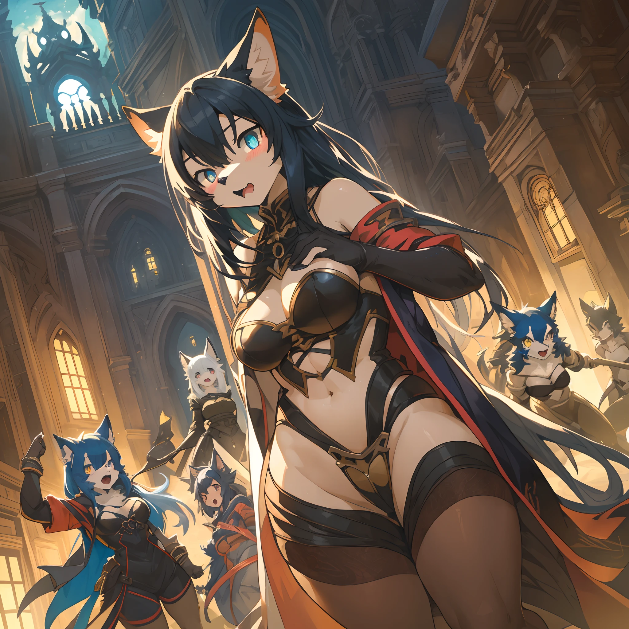 top quality, best quality, High-quality illustrations, masterpiece, super high resolution, detailed background, A truly terrifying Grimm fairy tale, 6+boys, 6+girls, absurdres(highly detailed beautiful face and eyes)perfect anatomy, expression, good lighting, cinematic shadow(kemono, furry anthro)assorted poses, dynamic angle,