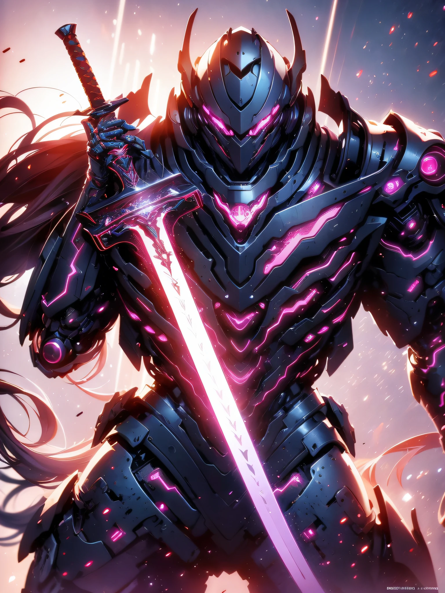 a close up of a robot with a sword in a dark room, dan mumford. 8 k octane render, dan mumford. octane render, dan mumford. maya render, badass anime 8 k, neon samurai, fractal cyborg ninja background, intricate glowing mecha armor, ultra detailed game art, digital artwork 4 k, in the style dan mumford artwork