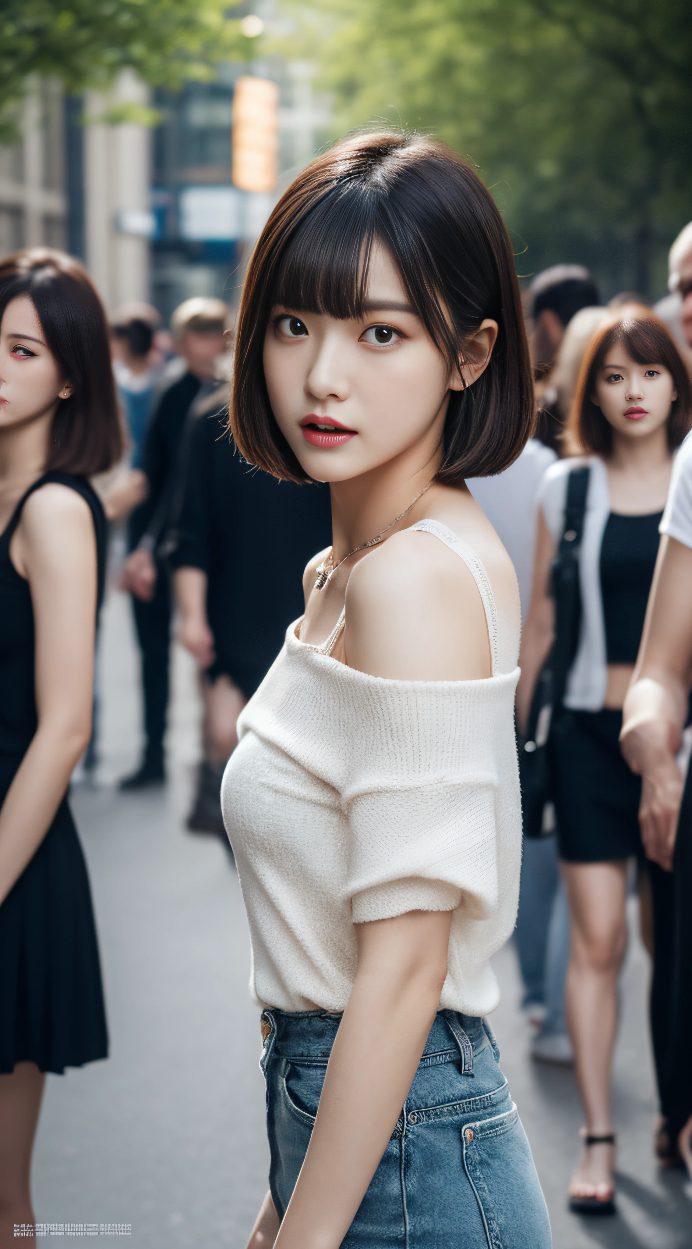 The 8k quality、Top image quality、超A high resolution、masterpiece、Photorealsitic、1 girl in、tense look、Trendy makeup、bob cuts、(off shoulder shirt、Clothes that fit the body)、Cecessy、ciinematic light、The protagonist、the chaos、Super Slender、g-cup、(Do not wear underwear)、in a crowd of people、Number of people who are about to be crushed、Dynamism、a necklace、Beginning of the story、Magazine covers、Focus only on the main character、The best looks in the world、