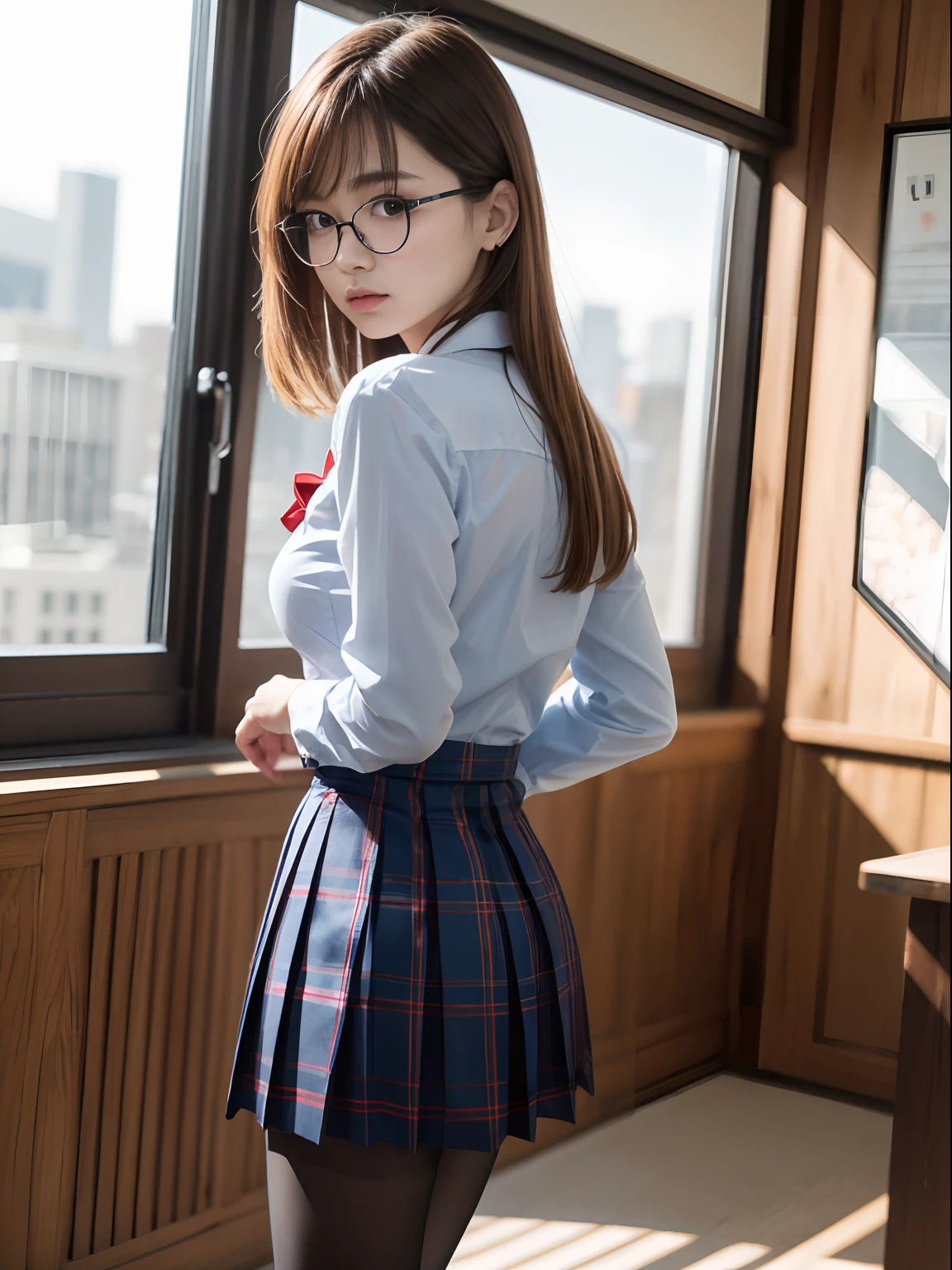 （8K、Raw photography、top-quality、​masterpiece：1.2),Lori,cocky,School,watching at viewers,Looking at the front,bob cuts,Bullish,Muchimuchi,Erotic,Pupils,Light Blue Bra,de pele branca,kne,(Black pantyhose),absurderes,a small face,small tits,flat breast,Parting the bangs from the middle、Forehead visible,(a cold expression,Tight eyes,glares,Bullish,skinny,Rasping,irate)、​masterpiece,top-quality、超A high resolution,Raw photo,ren,Beautiful fece,One Person, 独奏,eye glass,,Dark look,Small breasts,fullllbody,Round glasses、cute little、Back to Student,JK school uniform,hi-school girl,A Japanese Lady,is standing,（Photorealsitic：1.37）、Photon mapping,Realistic、Cute little face,Brown-eyed、Black socks、(Red bow tie)、Radio City、Physically Based Rendering、Foreground、depth of fields、Blurry background、a picture,The girls、Body,beauty legs, Long legs, Thin leg,Tie your hair into one strand on your chest,(Bangs are visible), hair, s lips, Blue_The eye, nosesoft,(Light blue shirt), (Navy and blue and white plaid pleated skirt), Knees are visible,Sheer clothing,, Thigh, Black cotton socks,Nogizaka Idol, 女優, Japanese ido