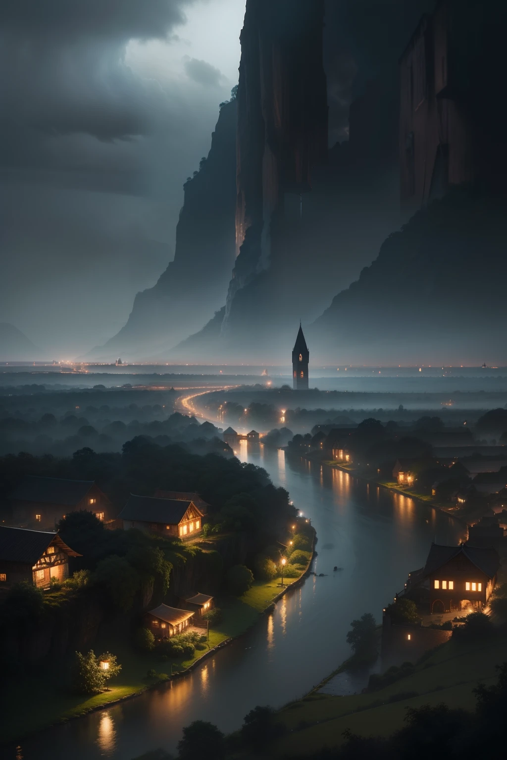 Amidst the enchanting village, rain falls gracefully, turning the world into a shimmering canvas. The distant river meanders under the overcast sky. In the velvety darkness, a lone cameraman captures this hyper-realistic masterpiece from afar."