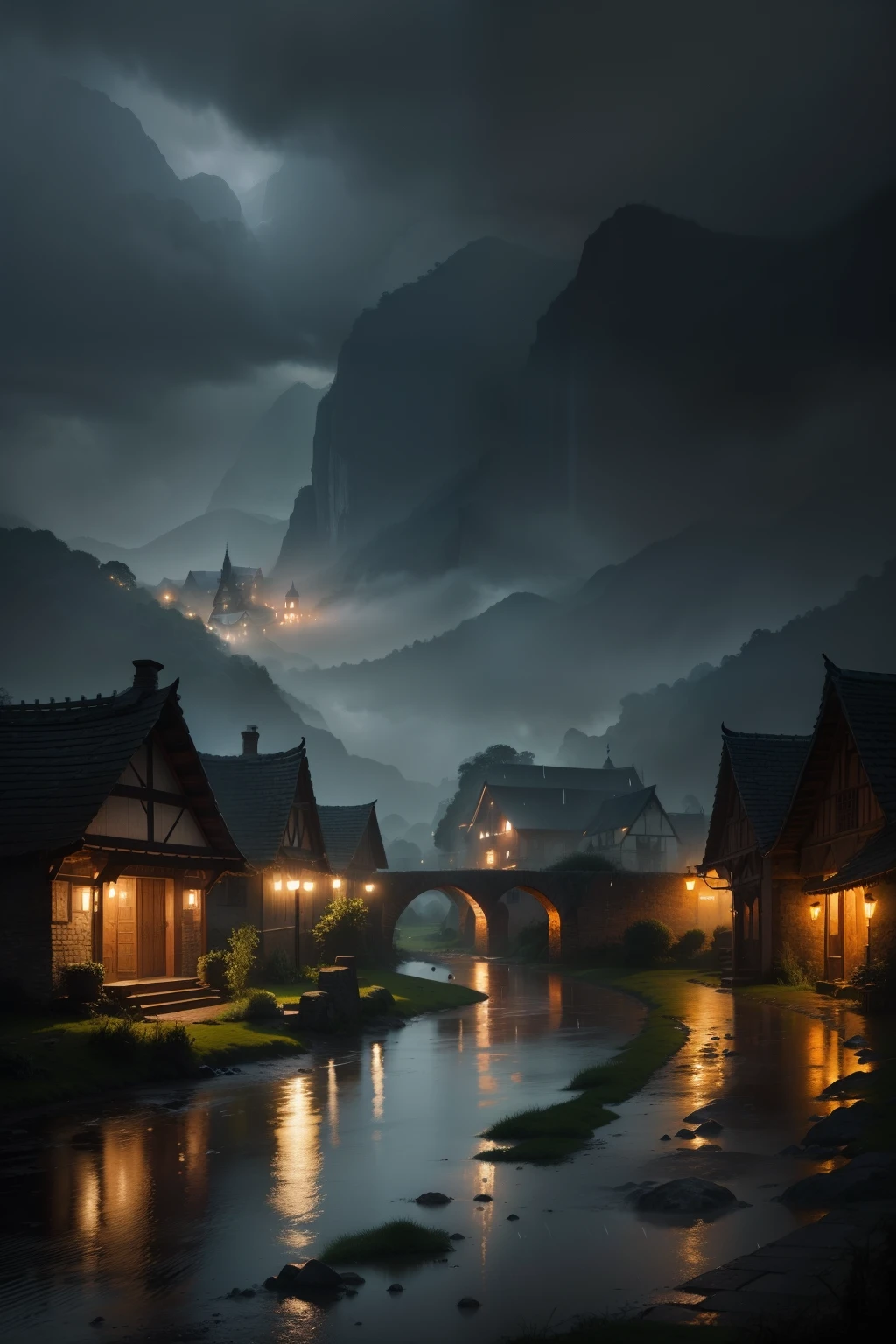 Amidst the enchanting village, rain falls gracefully, turning the world into a shimmering canvas. The distant river meanders under the overcast sky. In the velvety darkness, a lone cameraman captures this hyper-realistic masterpiece from afar."