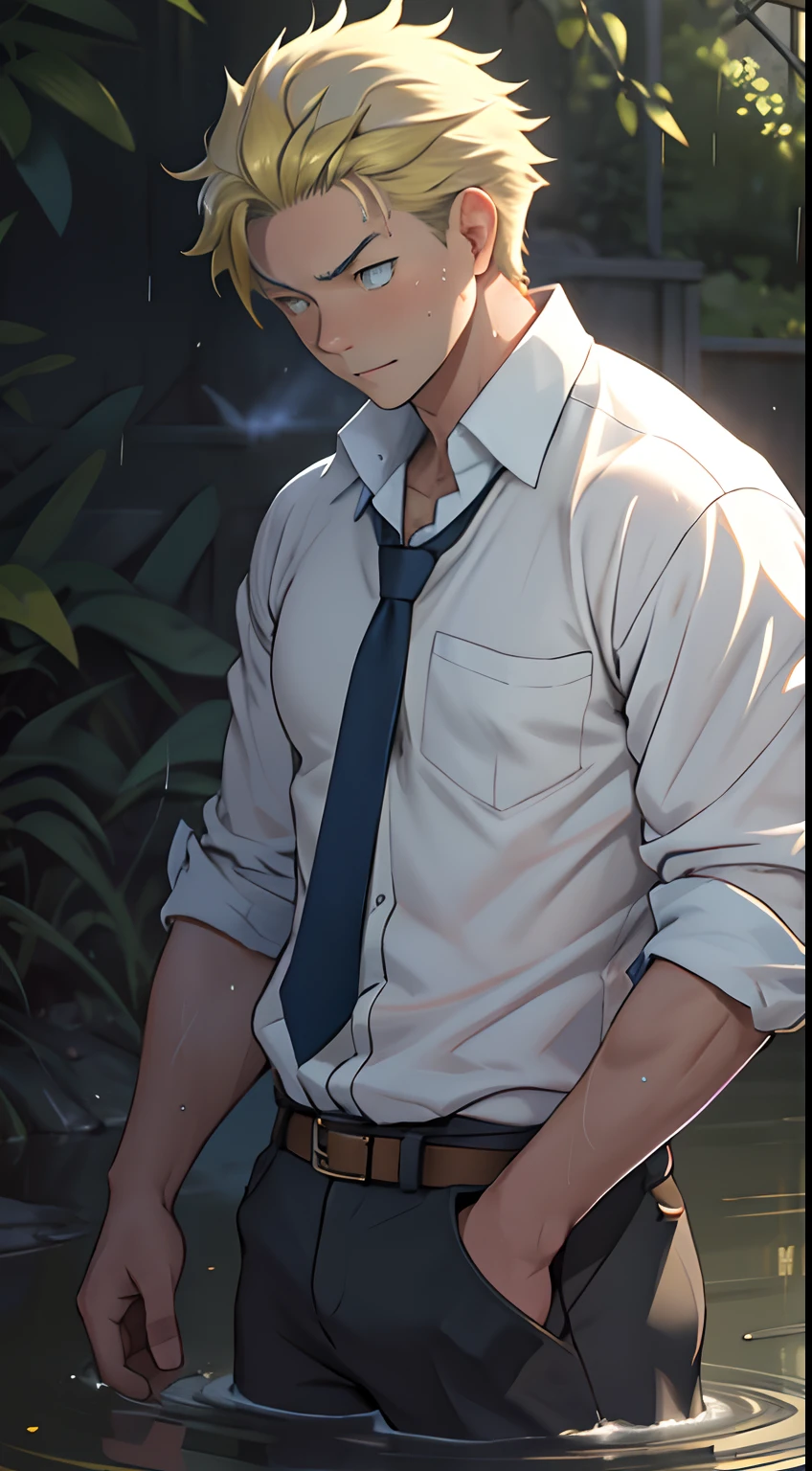 (1 Adult male),A high resolution, Sharp focus, Pixiv masterpiece, ((Complicated details)), highly detailed, natsuki_subaru, 1 man,Lying in the mud, Lazy,full bodyesbian, blue color eyes(eyes glowing), Short yellow hair,white shirt,Wear a tie,Wear a belt,perspire,rain,Drenched,Sweaty crotch,look from down