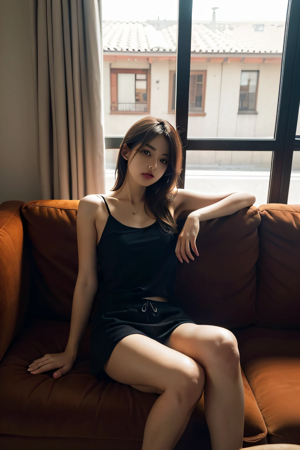 1girll,Sit on a comfortable sofa,Cross ed leg,Soft light