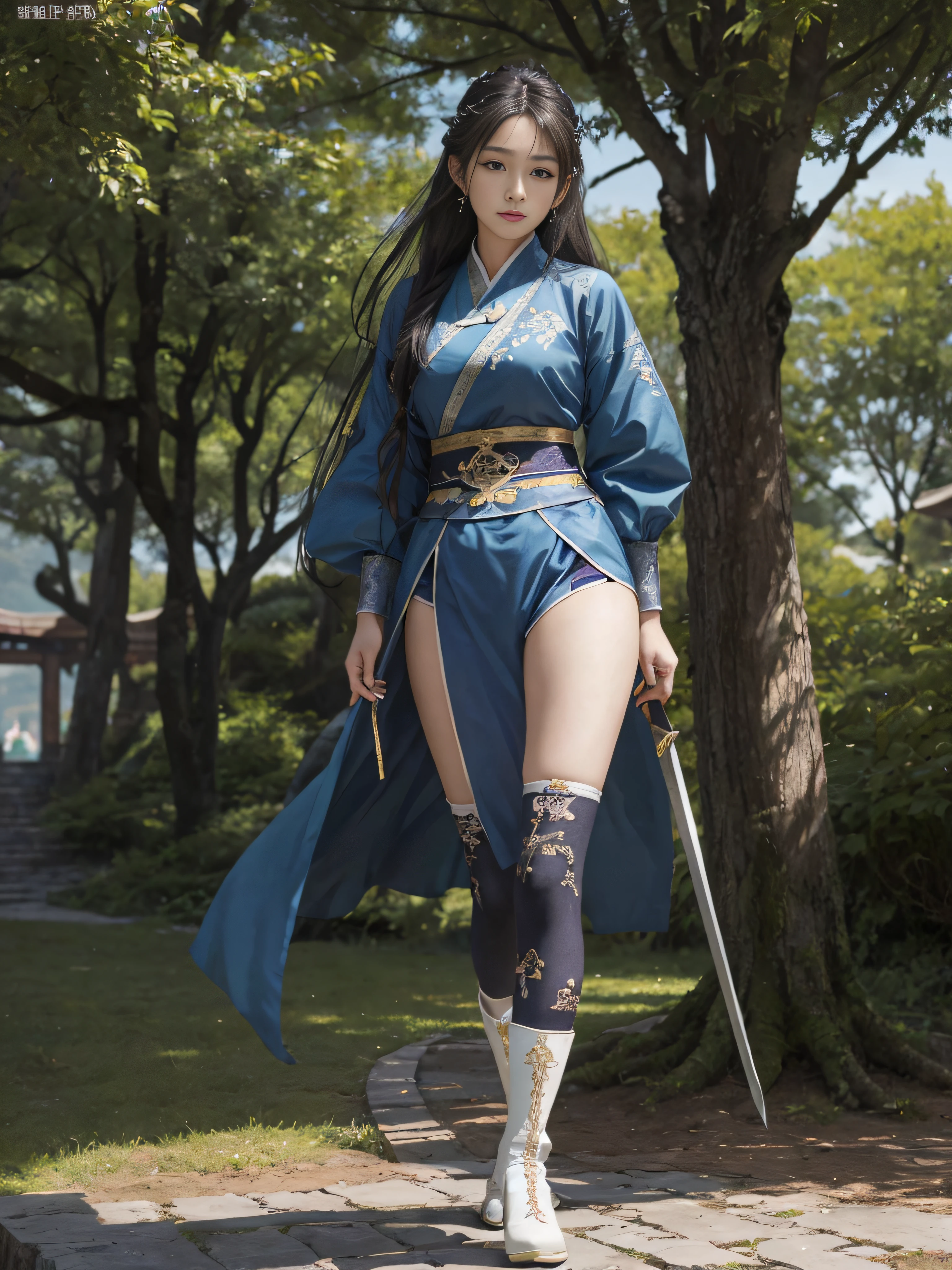 Royal sister,swordsmen,Big sister type,Oriental women,gallant woman,Cold sass,Different styles,tmasterpiece,A high resolution,,Absolutely beautiful,,(Wide buttock:1.4),(Thick legs:1.4),are standing,exquisitedetails,A high resolution,Wallpapers,1female,独奏,,enchanted、Raised sexy, Rich expressions,ancient wind,Hanfu,,is wearing a shorts,Wear boots,Knee-high socks exposed,Wearing ancient socks,embroidery, natural poses,standing on your feet, Fanning,16K,HDR,A high resolution,depth of fields,Bocoon,prime time,Vignette,rainbowing