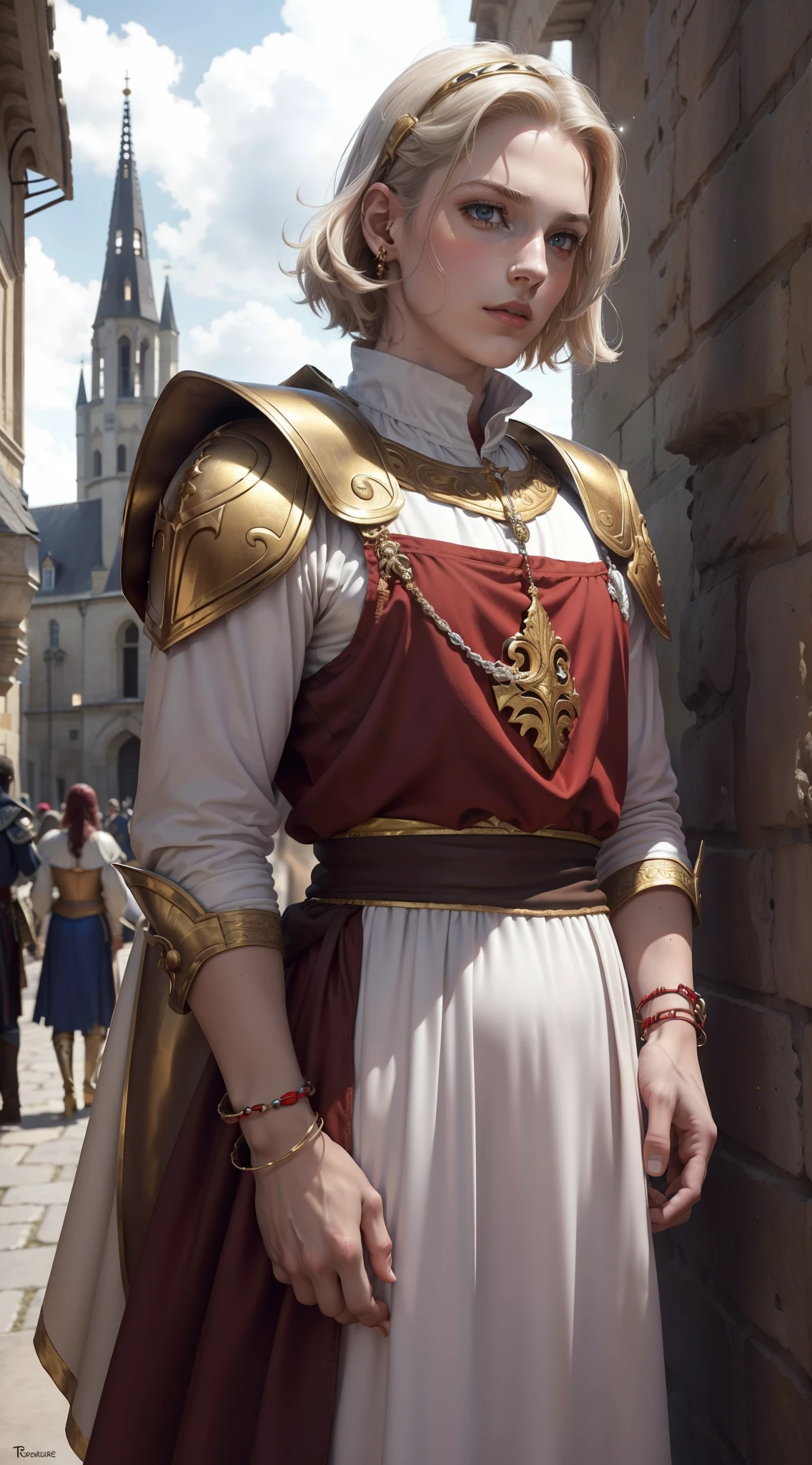 Un jeune homme, (((terre)))), (25 ans, pale skinned, corps rugueux, grand, pale skinned, face ronde, square-jawed, yeux bruns, longs cheveux noirs, thick eyebrow), (petits bijoux ronds rouges au milieu de son front: 1.30) (He's a Paladin, porte un costume de tissu long, de couleurs rouge et blanc, with gold shoulder pads and bracelets), Il prie dans une ville antique,  avec des structures en marbre blanc, Ciel bleu, Closeup, Medieval fantasy