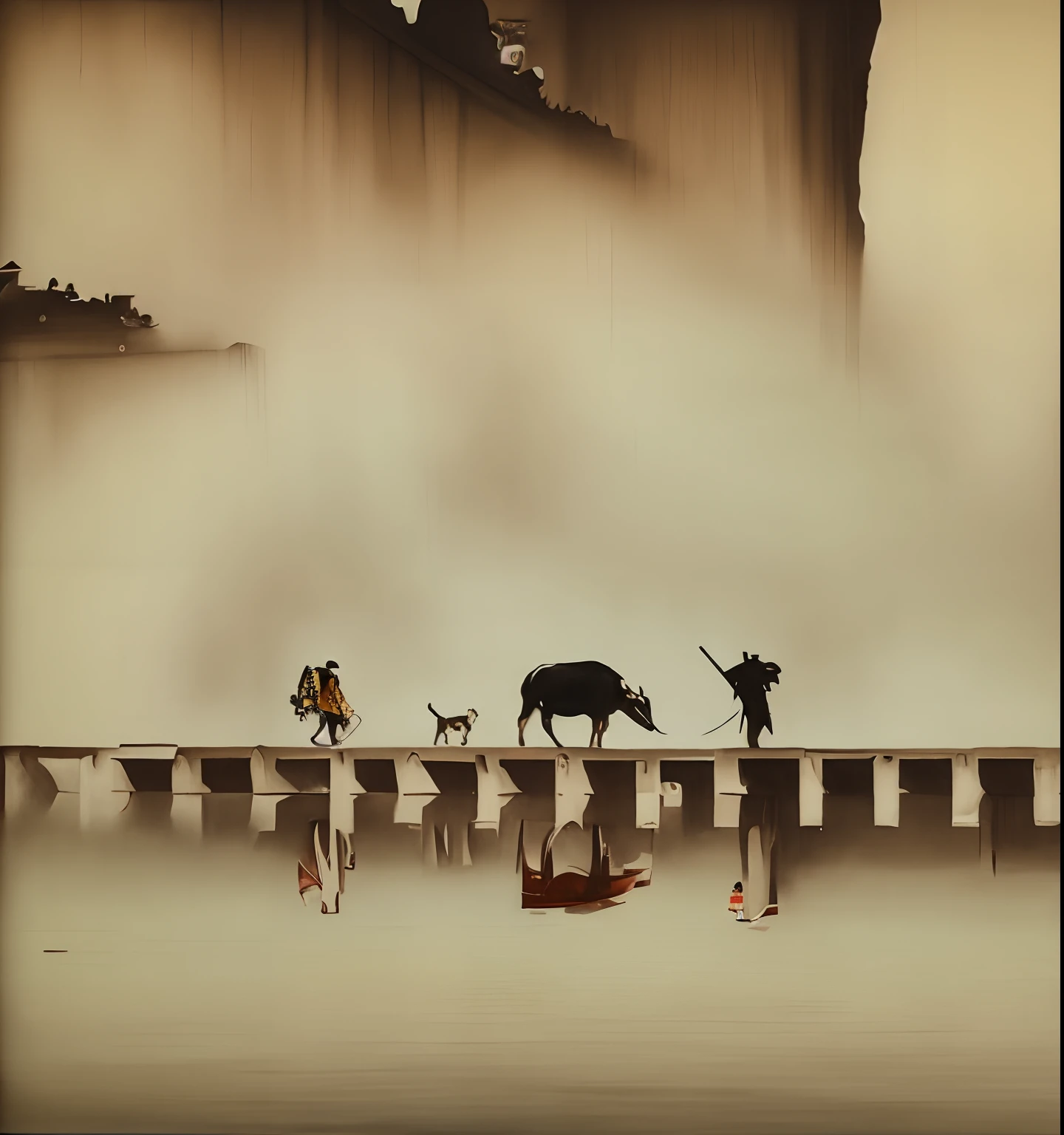 there are two people walking on a bridge with a cow at foggy morning, by Zheng Xie, by Xia Yong, by Shang Xi, by Yuan Jiang, by Zou Zhe, by Xu Xi, by Ye Xin, by Fei Danxu, by Ren Xiong, by Wu Hong, crossing the river, by Wu Wei, by Zhao Yuan, by Wang Yuan