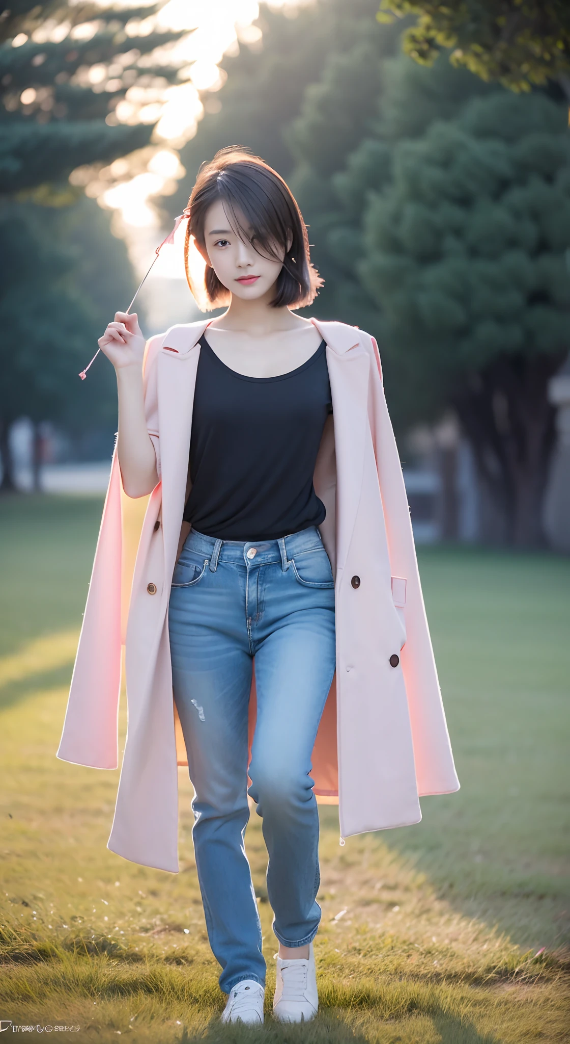 ((Best quality, 8K HD, Masterpiece: 1.3)), (Wet clothes: 1.1), (rain, grassy fields: 1.3), 1 beautiful woman taking pictures on the grass,RAW photos,tmasterpiece,(highdetailskin:1.2),8k ultra high definition,digital SLR camera,gentlesoftlighting,high high quality,filmgrain,富士XT3,20 years old Asian woman,Wear simple clothes,T-shirt and skinny jeans,Detailed clothing details:1.3,perfect body figure,Perfect breasts and nipple bulge,The legs are straight and slender,Branded stylish shoes:0.6,Super detailed facial details and skin,Fair pink face and skin,The skin is pink,with light glowing,二重まぶた,Super detailed eyes,(Gloss on lips, eyeslashes, Glossy face, Best quality, Super high resolution, warm color,Wide lighting, naturalshadow), Coquettish and sexy, Full body shooting: 1.8