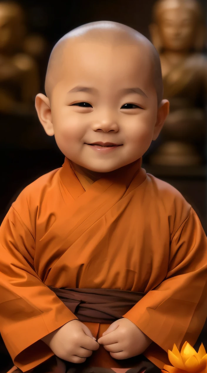 A close-up of a child in a monk's robe holding a lotus flower, lovely digital painting, monk clothes, portrait of monk, Buddhist, buddhist monk, 2 1 st century monk, monk, wearing brown robes, little shy smile, a serene smile, monk, smiling warmly, yanjun cheng, high quality portrait, close up portrait shot, With a happy expression