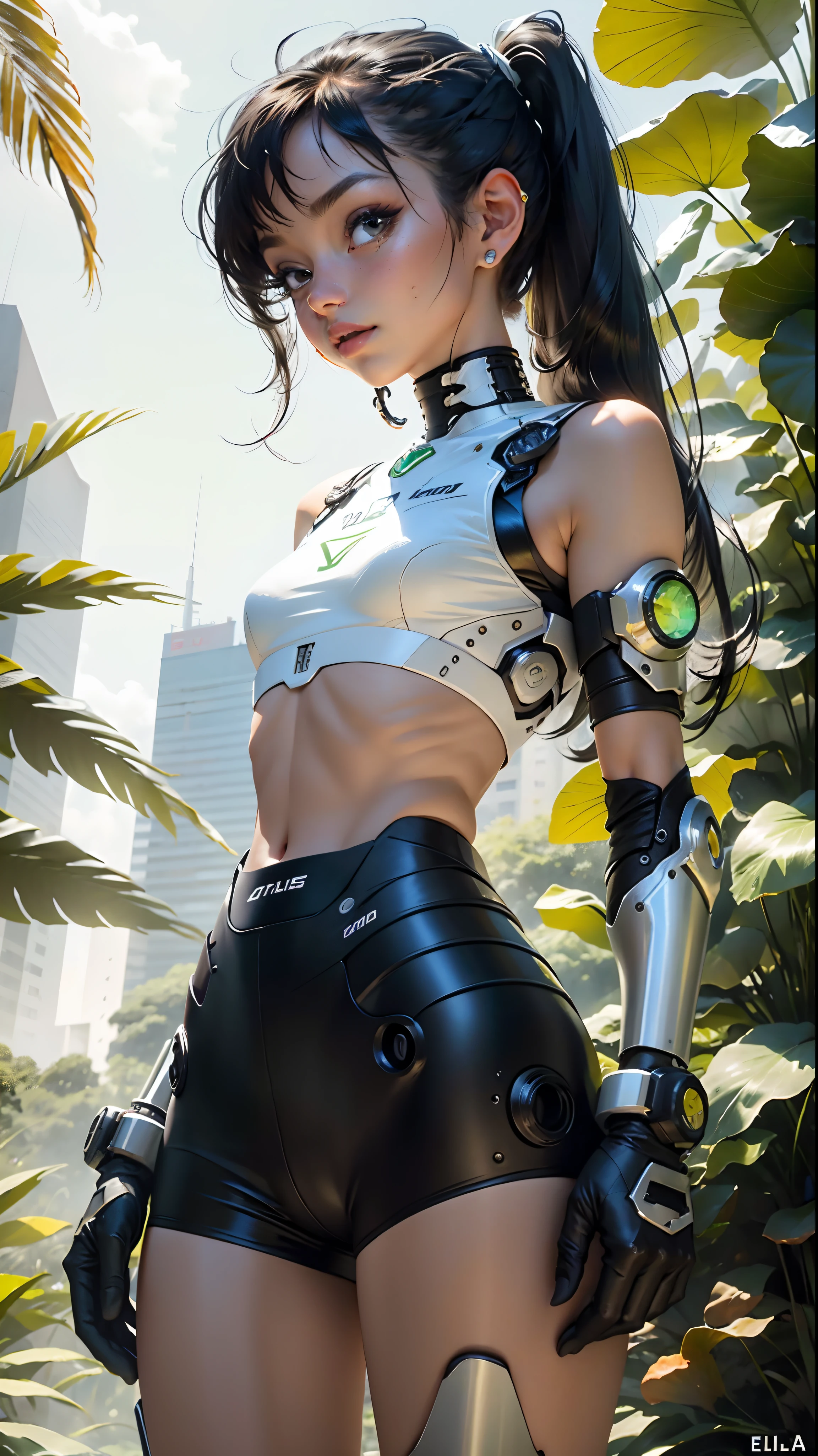 obra-prima, alta resolução, realista, elfa bonita com (cybernetic prostheses )na natureza,Cabelo pigtails, esguio, bonito, Shy Laughter, bare-legged, costas, sentado, pele brilhante, linha traseira lisa, linha do quadril, shade of trees, linha brilhante