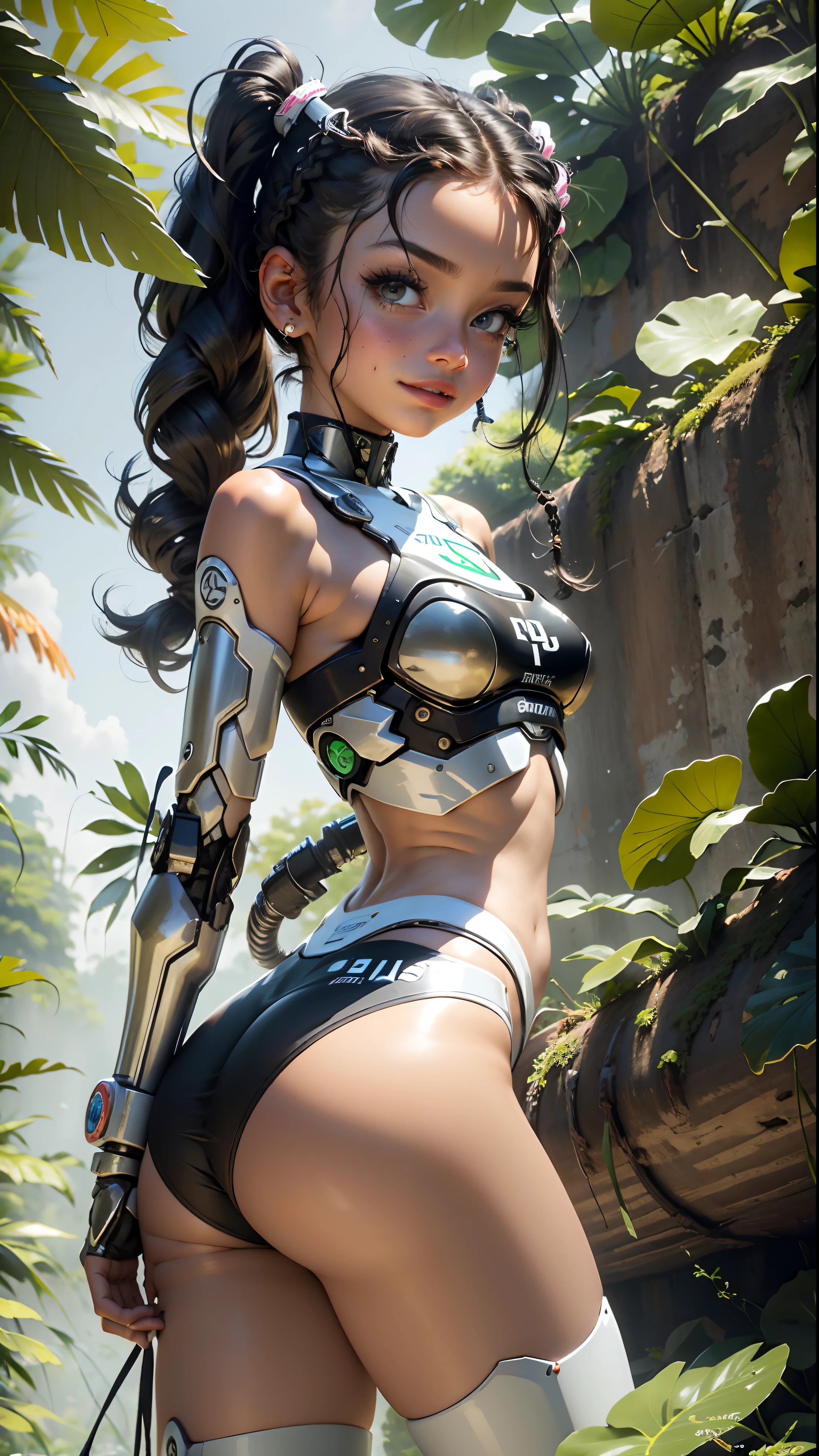 obra-prima, alta resolução, realista, elfa bonita com (cybernetic prostheses )na natureza,Cabelo pigtails, esguio, bonito, Shy Laughter, bare-legged, costas, sentado, pele brilhante, linha traseira lisa, linha do quadril, shade of trees, linha brilhante