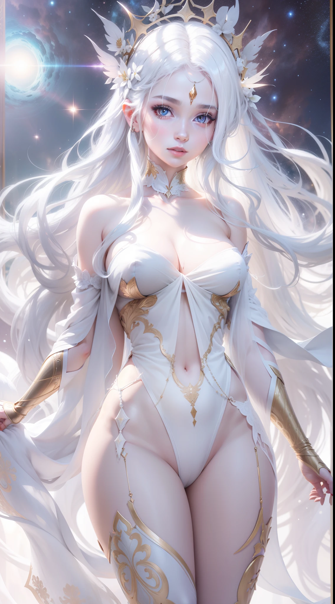 voluptuous woman, white hair that shines, body of pure white light, completely white eyes, cosmic being