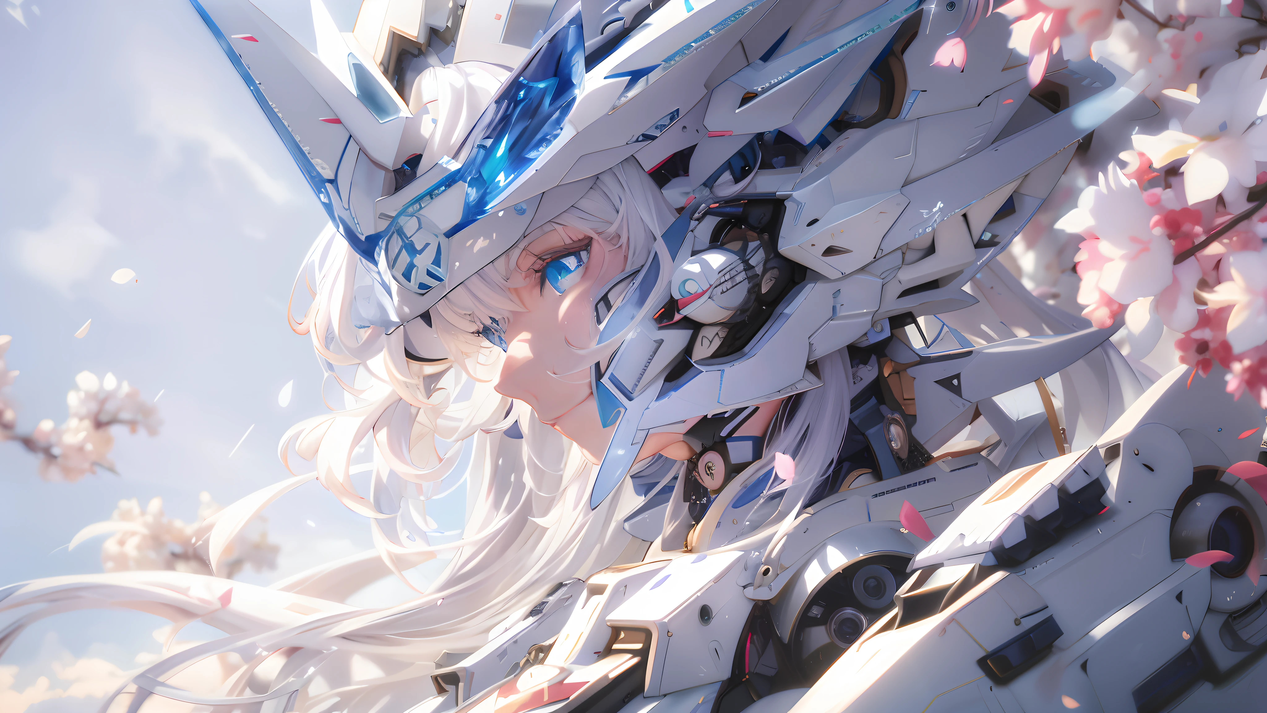 Anime girl with long white hair and blue hat on white car, Best anime 4k konachan wallpaper, Detailed digital anime art, anime mecha aesthetic, mecha asthetic, Guweiz in Pixiv ArtStation, advanced digital anime art, Guweiz on ArtStation Pixiv, high detailed official artwork, Detailed anime artwork