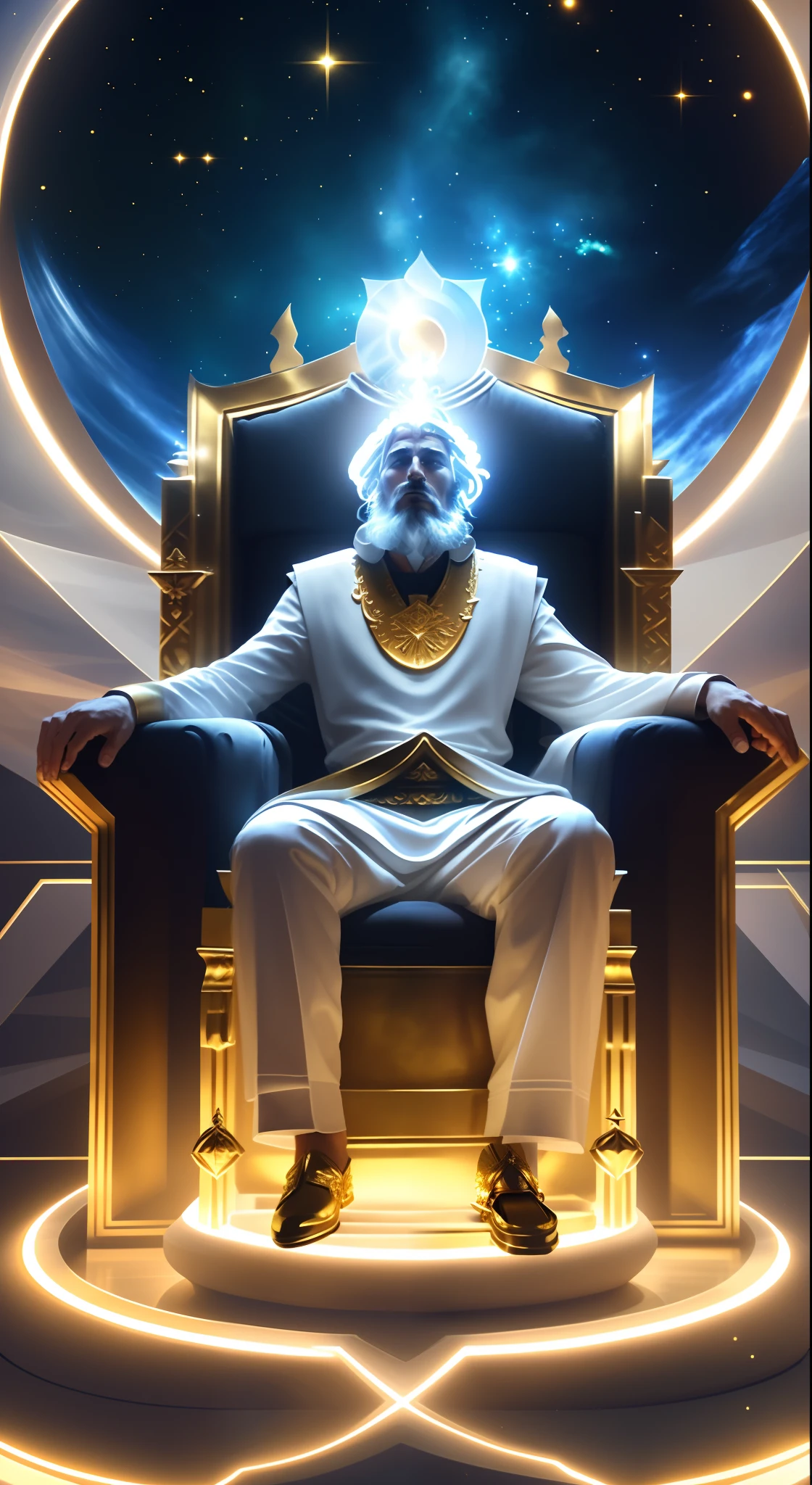 God sits on the throne,A glowing crown is worn on his head, sat in his throne, sitting on golden throne, sitting on a golden throne, sitting in a gilded throne, sat in his throne, Sitting on a throne, seated on a throne, Sitting on the throne, emperor of the known universe, seated on a throne, sitting on the porcelain throne