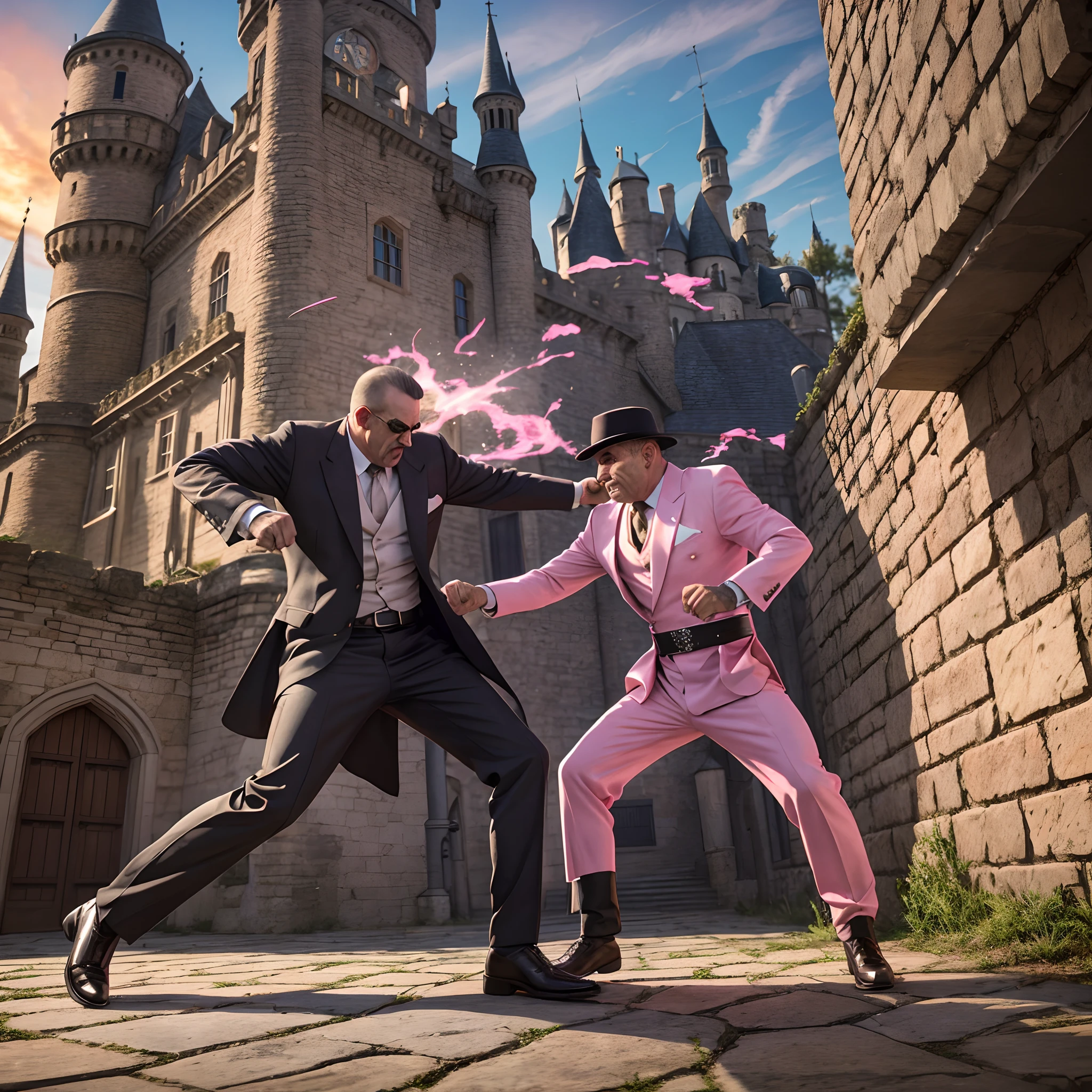 crackhead fighting pink flashy mobster on a castle