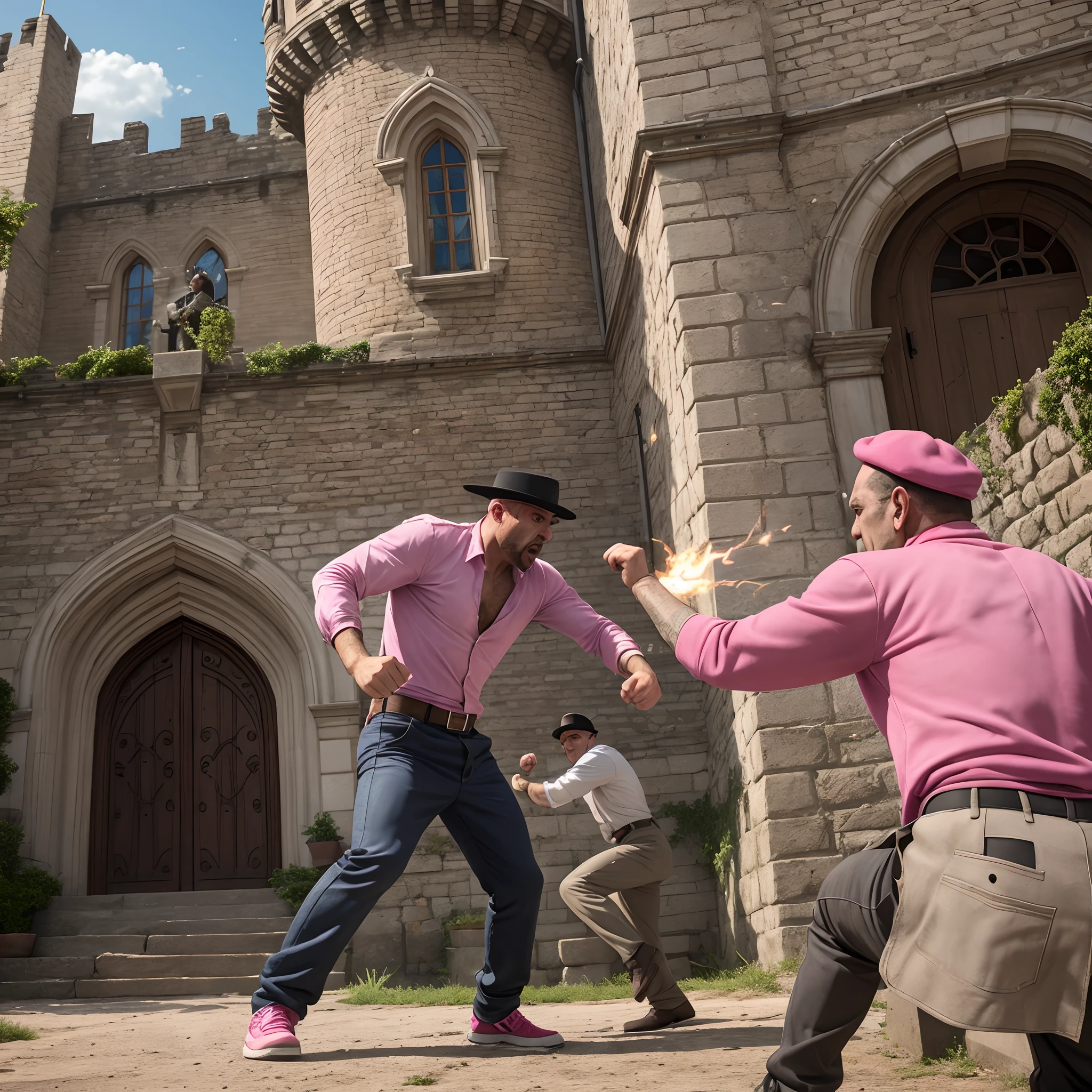 crackhead fighting pink flashy mobster on a castle