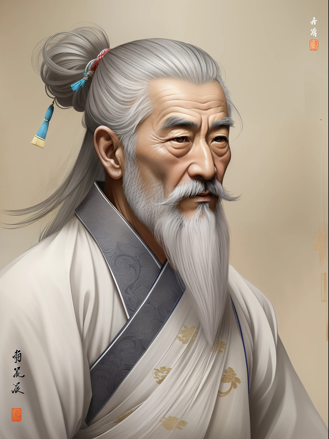 Chinese Ancient Times, An old man, Asian people，gray hair and beard, Black eyes，Thin body, Weakness of the body，standing on your feet, The background is a prison，Look at the camera with determined eyes, dressed white hanfu, There is no pattern，China-style, first person perspective, Masterpiece, ccurate, Anatomically correct, Super detail